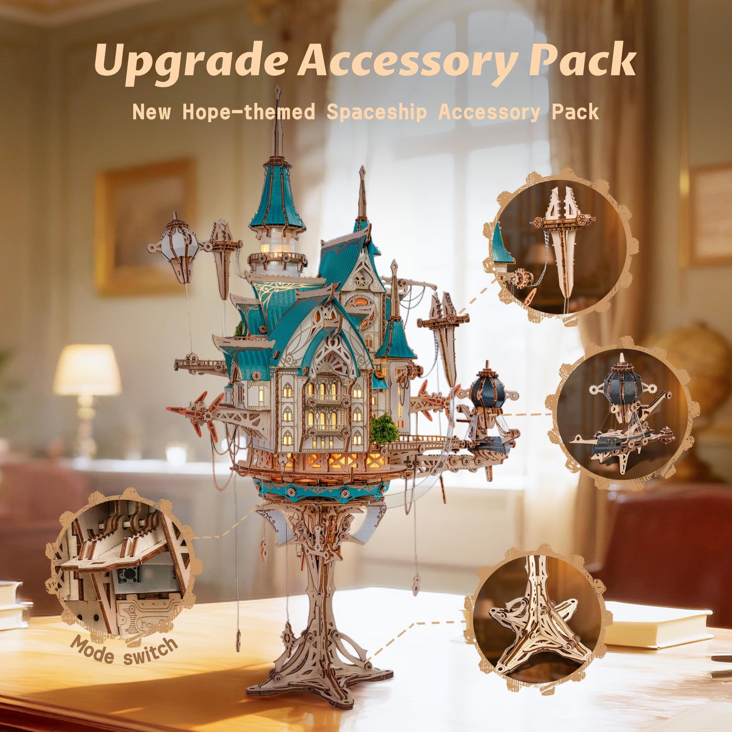 FUNPOLA 3D Wooden Puzzle Steam Castle Model – Steampunk Baroque Floating Castle DIY Building Kit with Mechanical Gears, Unique Gift for Adults and Teens