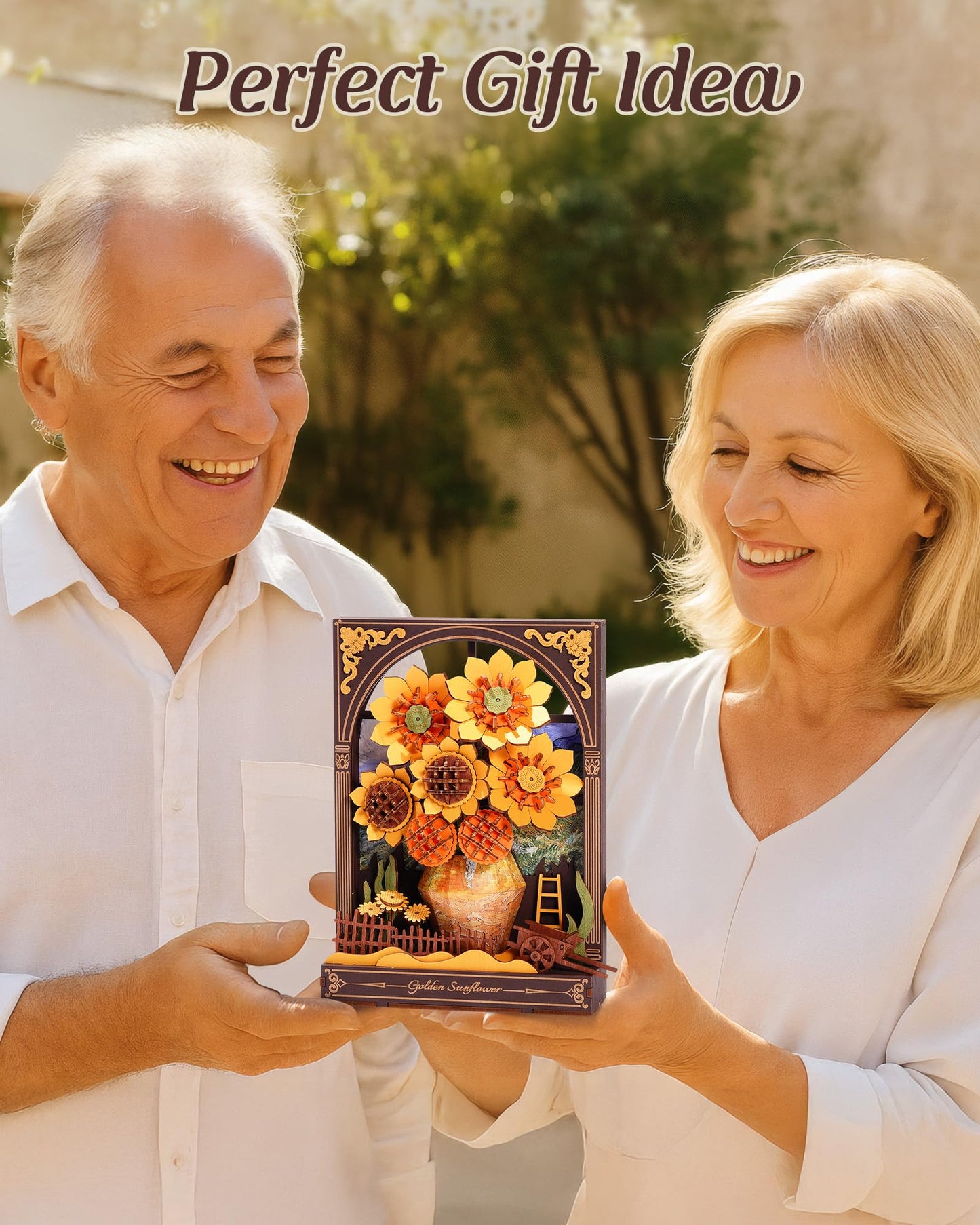 Wowood 3D Wooden Puzzles for Adults - Van Gogh Golden Sunflower DIY Model Building Kits with LED Light - Home Decor, Wall Art & Unique Creative Gifts for Art Lovers