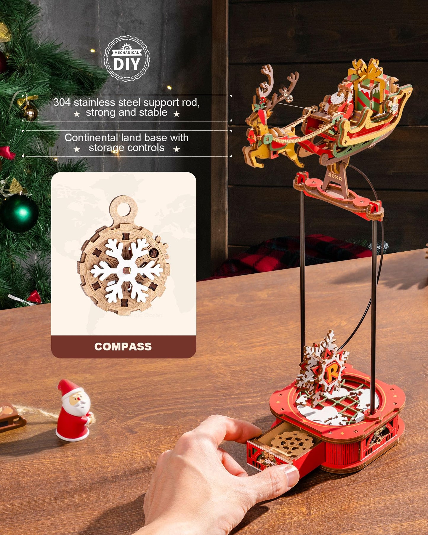 ROKR 3D Wooden Puzzle Santa on Sleigh Gravity Swing Series Wooden Model Kits DIY Dynamic Balance Christmas Decor,Mechanical Model Building Kit, for Teens and Adults