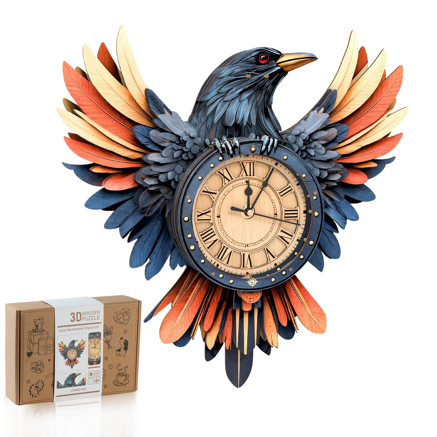 Rnfinewow 3D Wooden Puzzles for Adults,3D Puzzles for Adults Raven DIY Wall Clock Kit with Pendulum, 34 Pieces 3D Wooden Puzzles,Creative Gift Idea for Teens & Adults