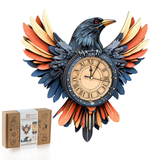 Rnfinewow 3D Wooden Puzzles for Adults,3D Puzzles for Adults Raven DIY Wall Clock Kit with Pendulum, 34 Pieces 3D Wooden Puzzles,Creative Gift Idea for Teens & Adults