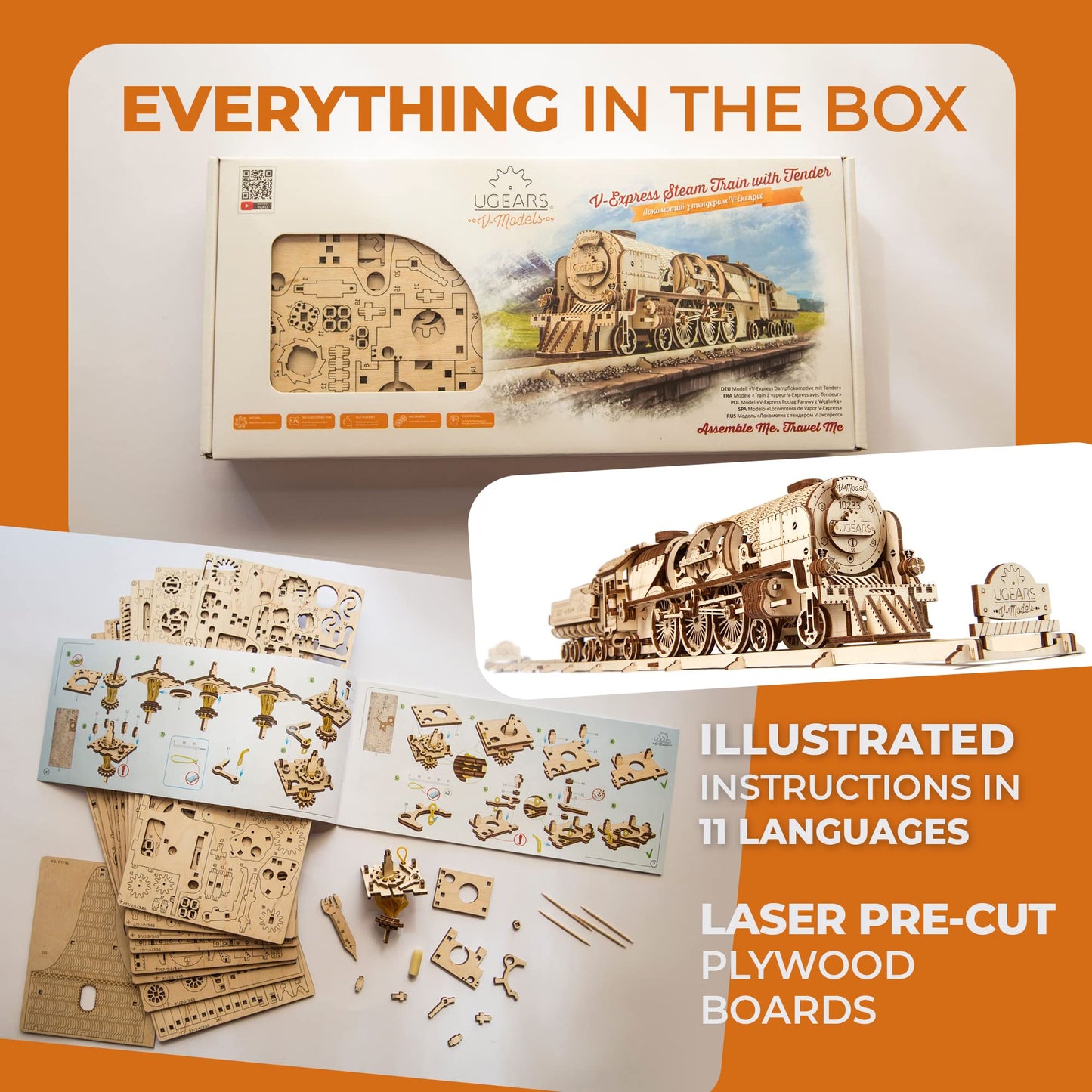 UGEARS 3D Puzzles for Adults - V-Express Steam Train with Tender Idea- 3D Wooden Puzzle Model Kits for Adults and Teens Building Kit Wooden Model Kits