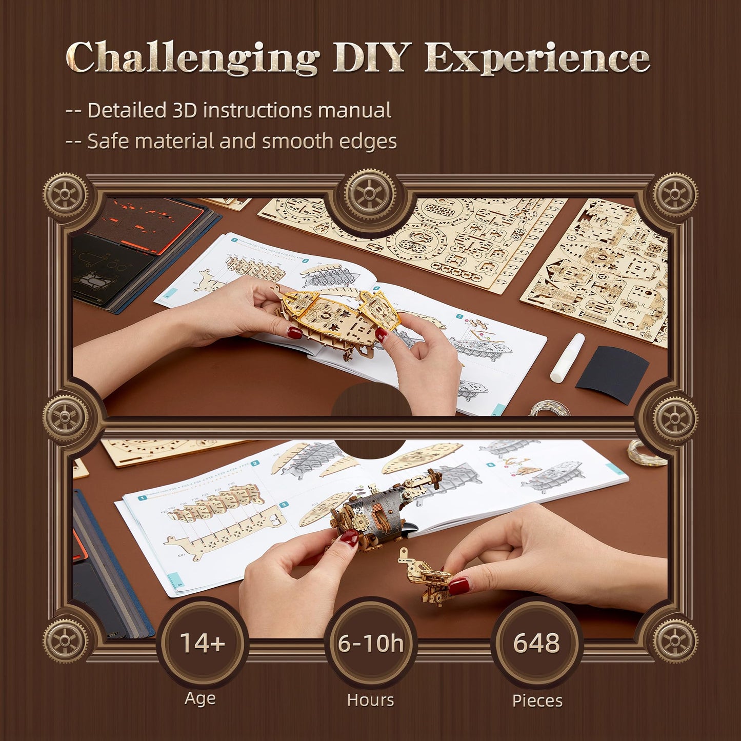 FUNPOLA LED 3D Wood Puzzle Fantasy Airship Model - Steampunk DIY Craft Kit with LED Lights – Intricate Wooden Airship Model Building Set for Teens and Adults(Gray)