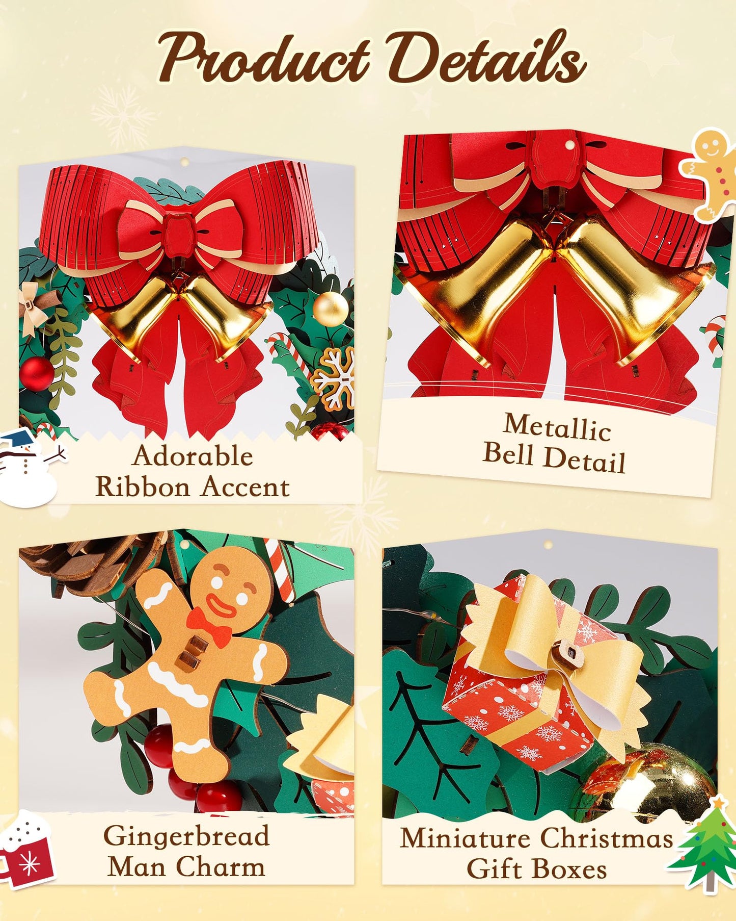 ROBOTIME Christmas Wreath with Red Bow, Pine Cones, Berries & Bells 3D Wooden Puzzles for Adults Creative Gifts for Holiday Window Fireplace Door Decorations