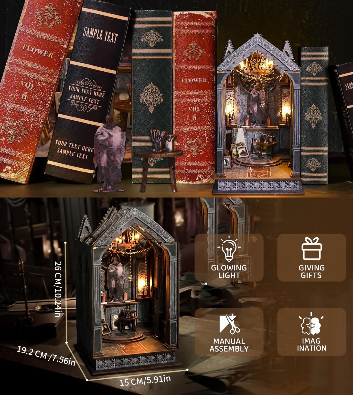 Spilay DIY Book Nook Kit, DIY Dollhouse Booknook Bookshelf Insert Decor Alley, Bookends Model Build-Creativity Kit with & LED for Teens and Adults Gifts (Quiet Night Prayer with LED)
