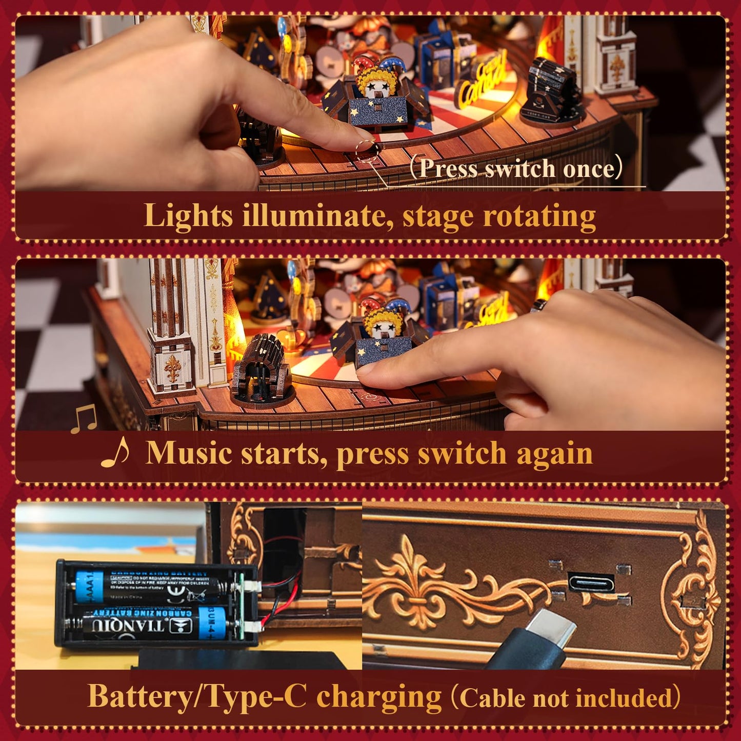 CUTEBEE 3D Puzzles Wooden Theater for Adults - DIY Music Box Rotating Miniature House Kit Model Building Set with LED Light, Home Bookshelf Decor, Unique Birthday Gifts (Animal Carnival)