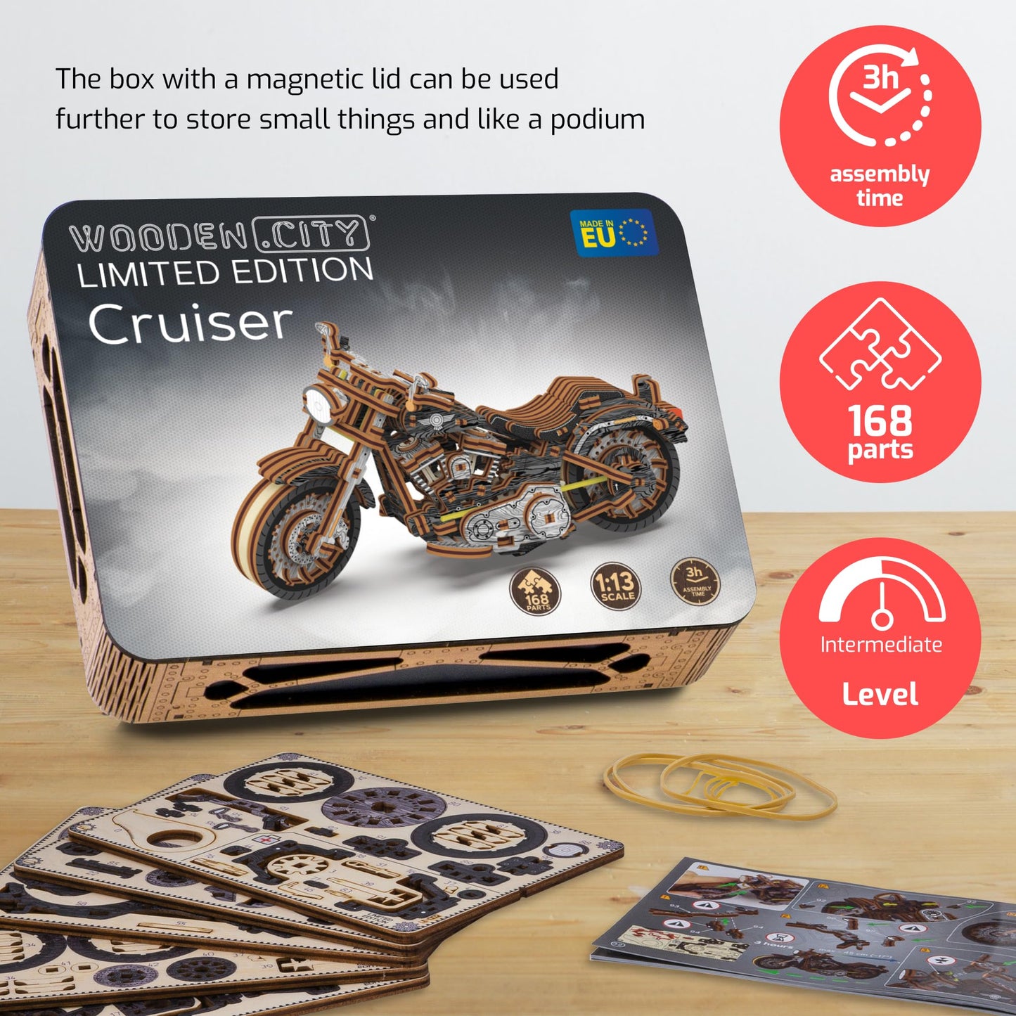 WOODEN.CITY Cruiser V‑Twin LE Mechanical Motorcycle Model Kit, 3D Puzzles for Adults – Motorcycle Puzzle for Adults and Teens; Build a Wooden Bike and Enjoy a Unique Gift