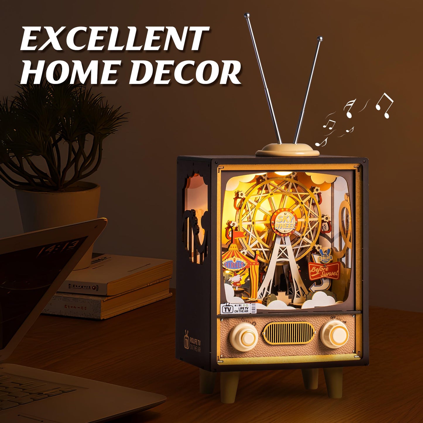 ROBOTIME Wooden Music Box 3D Wooden Puzzles for Adults Ferris Wheel Music Box Model Building Set DIY Book Nook Kit for Hobby Personalized Crafts Gift (Sunset Carnival)