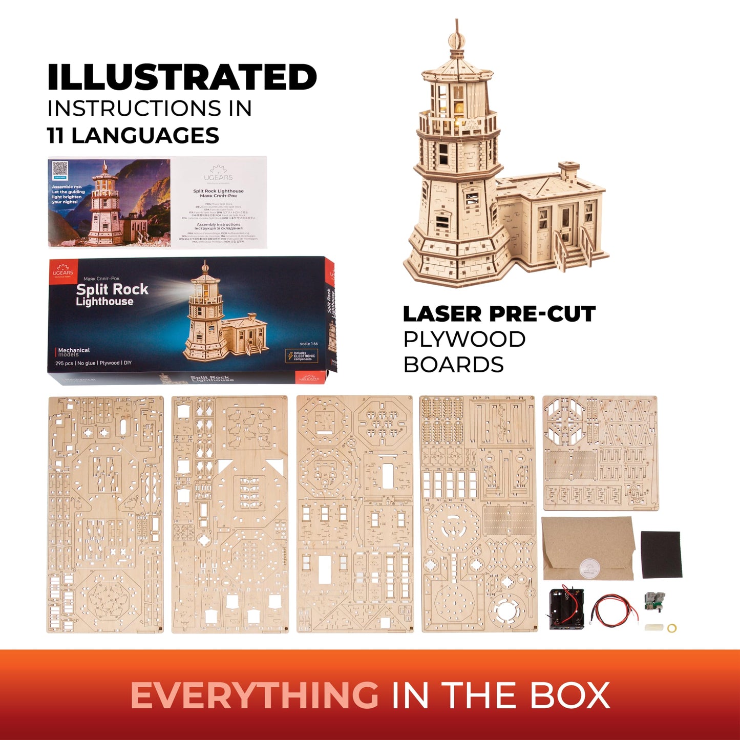 UGEARS Split Rock Lighthouse 3D Puzzle – DIY Miniature Kit Wooden Models for Adults to Build with LED Nightlight - 3D Wooden Puzzles - Crafts for Adults Gifts for Engineers - 295 Pcs