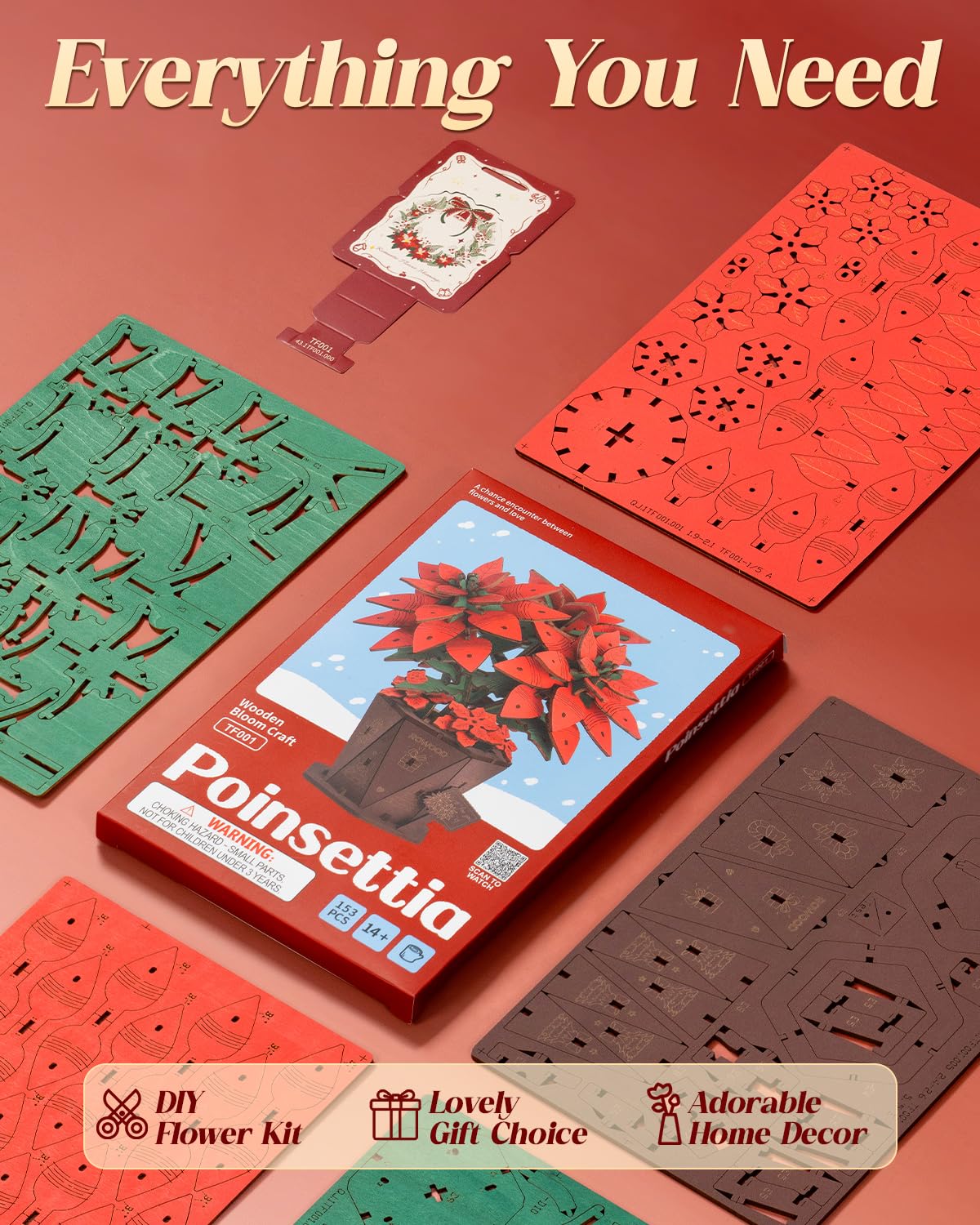 Wowood 3D Flower Wooden Puzzles for Adults-Poinsettia, DIY Wooden Flowers Model Kit Building Set Crafts for Adults to Build, Botanical Collection/Ideal Creative Gift Ideas/Housewarming (153PCS)