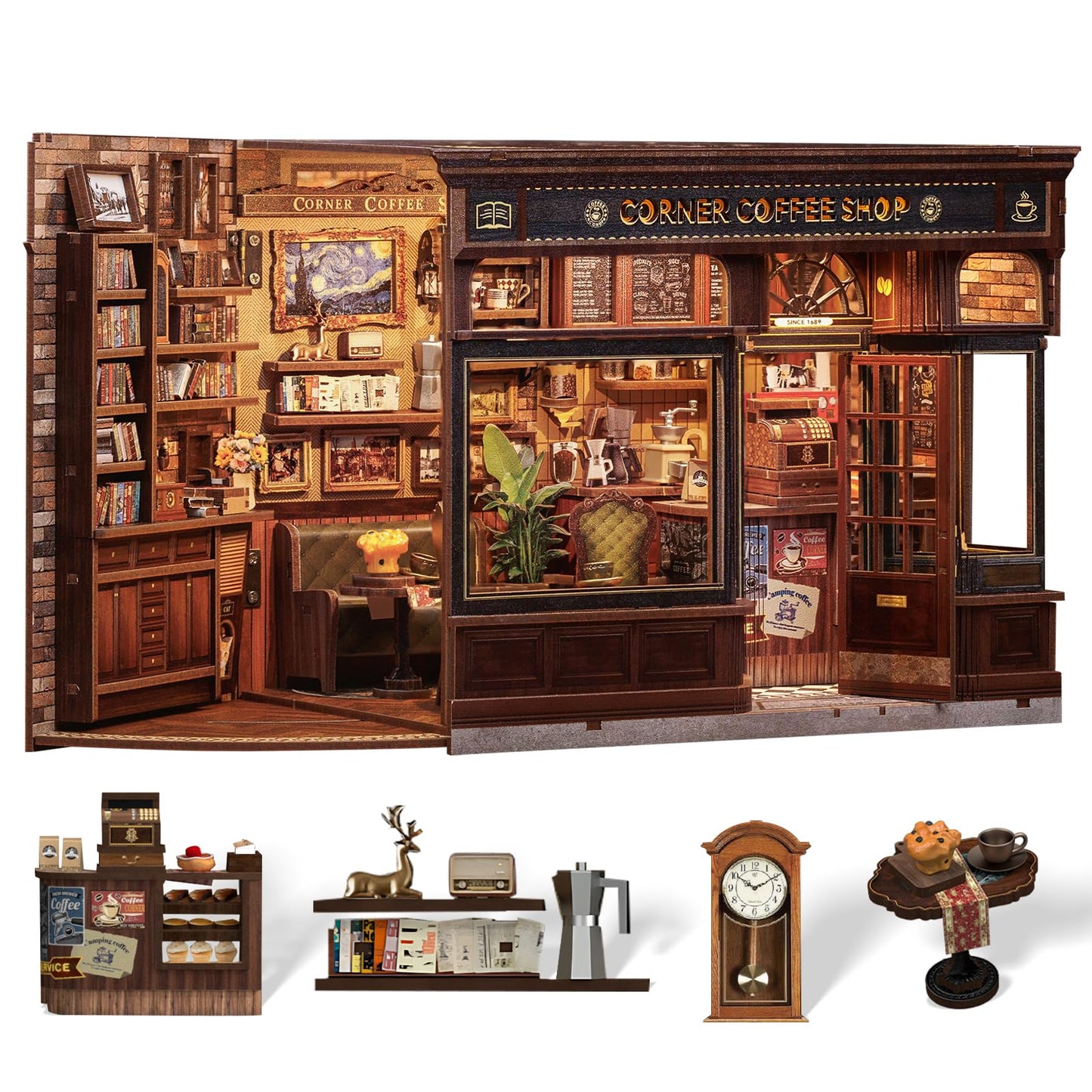 Cutefun Book Nook Kit - DIY Miniature Doll House Kit, Book Nook Kits for Adults, 3D Wooden Puzzle Bookend Bookshelf with LED Light for Cafe Crafts Lovers (Corner Coffee Shop)