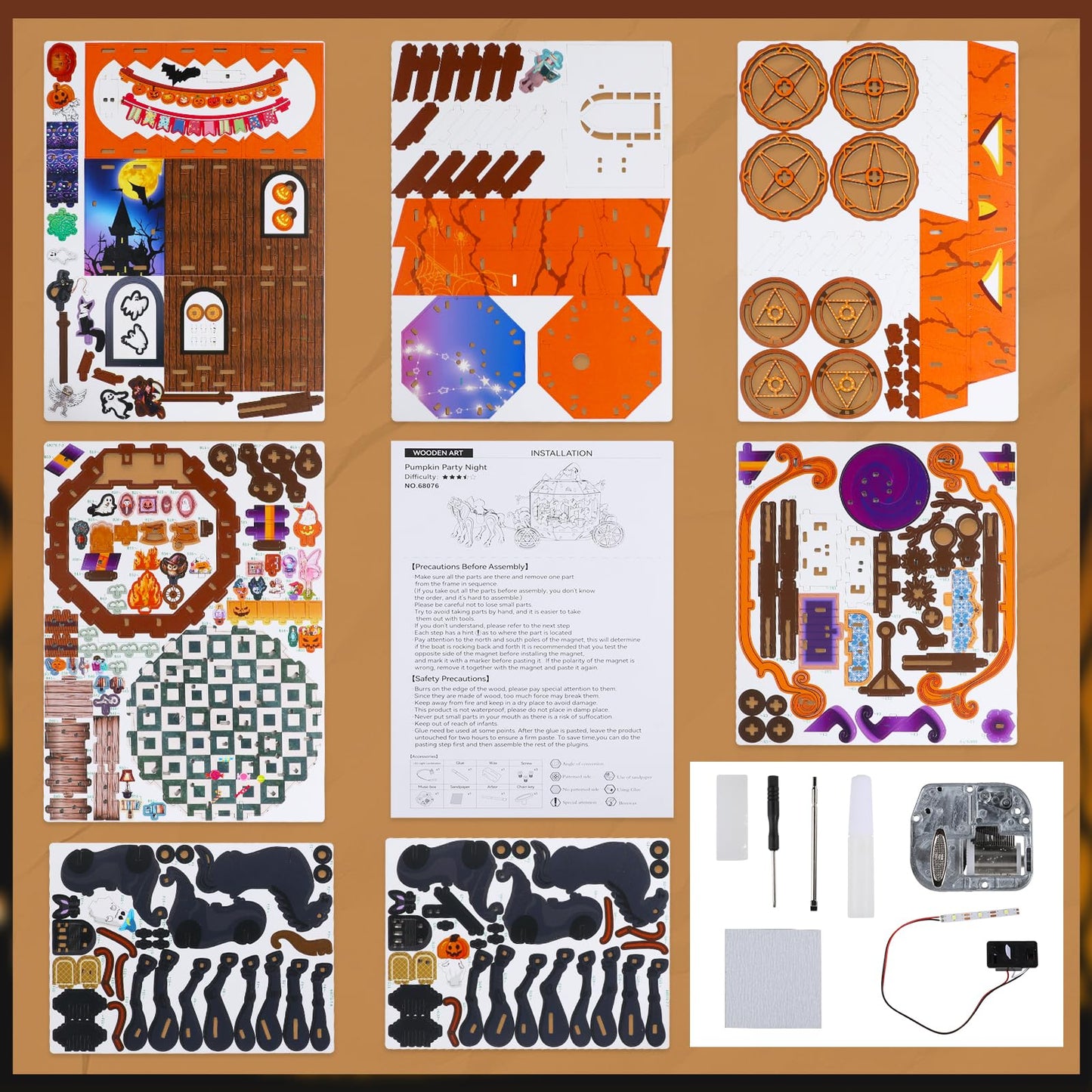 Halloween 3D Wooden Puzzles for Adults, 274 PCS Pumpkin Carriage Puzzle Kit Model with Lights, Music Box & Running Carriage, Boo Basket Stuffers Halloween Toy Gift for Teens, Men & Women