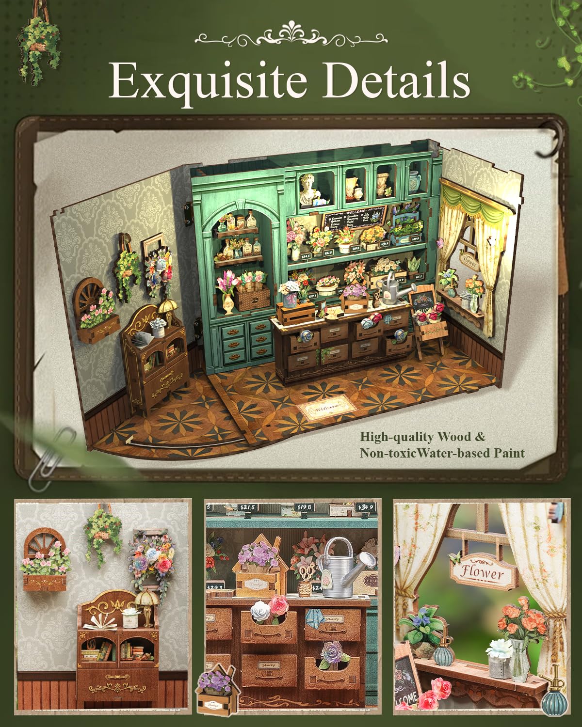 Cutefun Book Nook Kit - DIY Miniature House Dollhouse Kit, Book Nook Kits for Adults, Bookshelf Insert Bookend with LED Light for Teens and Adults (Blossom Florists)