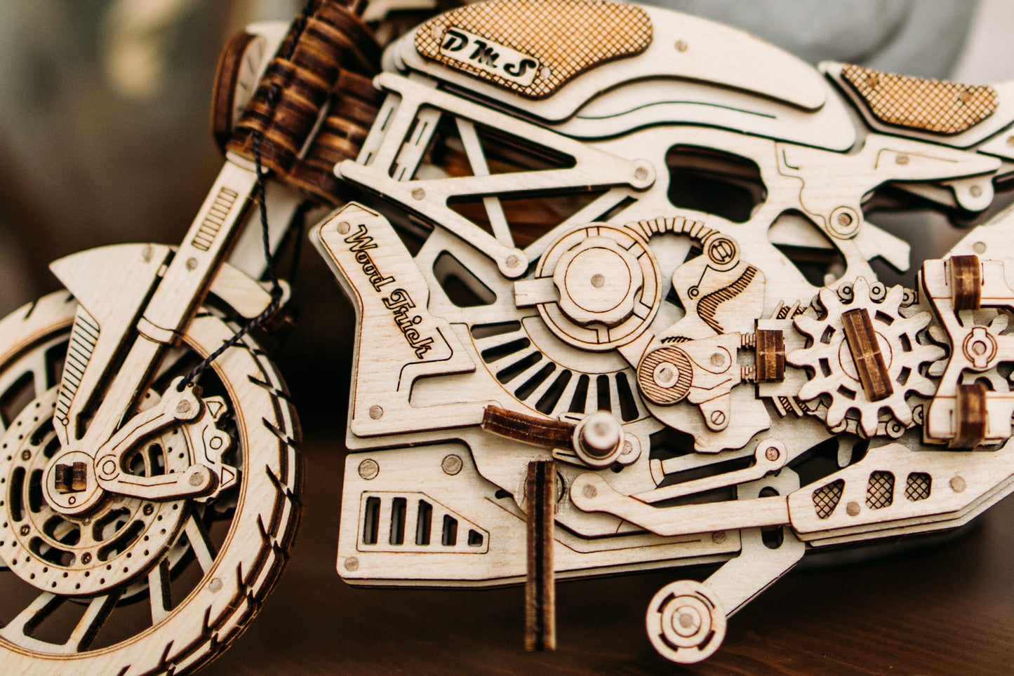 Wood Trick Motorcycle w/Rubber Band Motor Rides up to 16ft - Mechanical Model Kits for Adults - 10x4in - 3D Wooden Puzzles for Adults - Engineering DIY 3D Puzzle Wooden Models