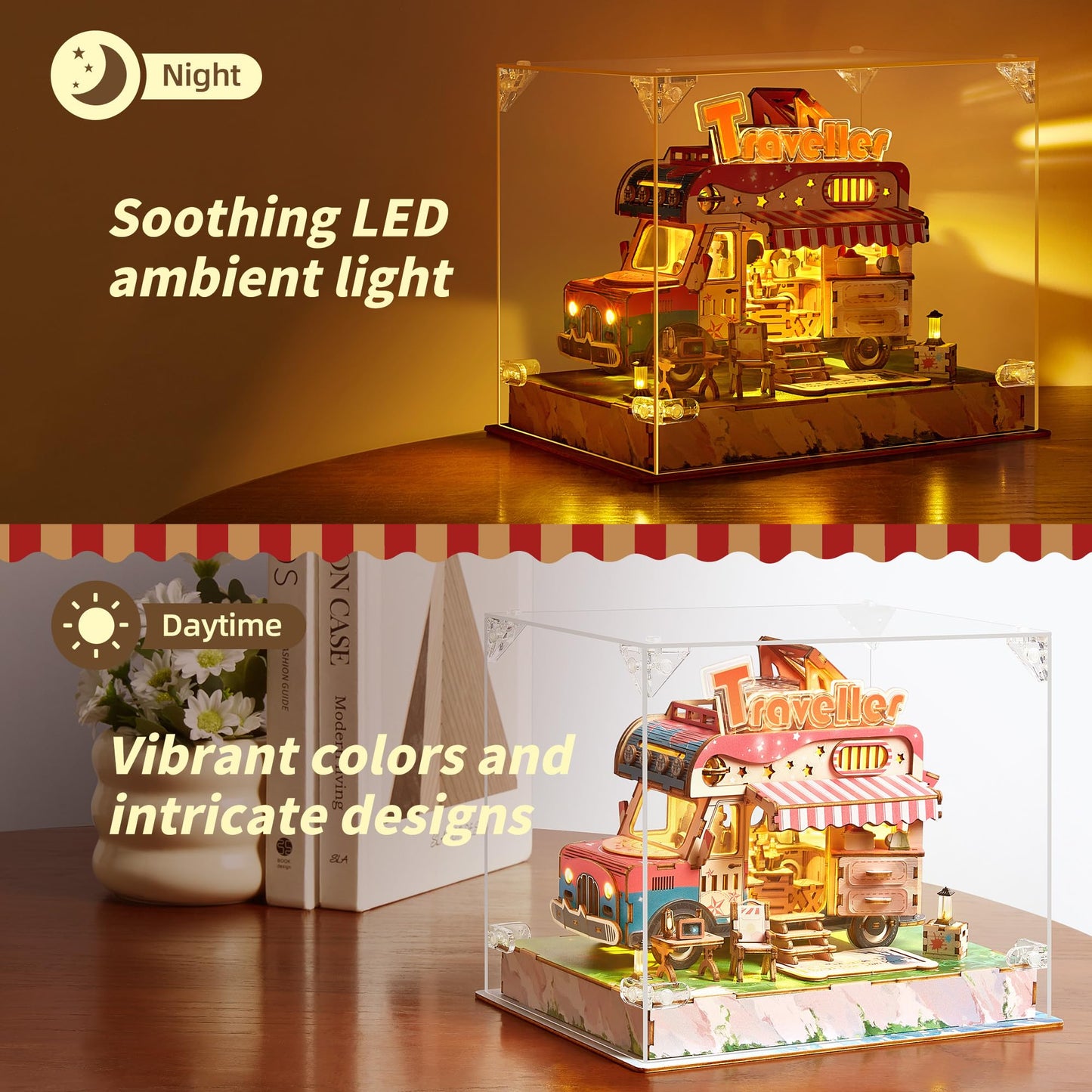 FUNPOLA 3D Wood Puzzle Travel Truck Model - DIY Miniature Adventure Truck Kit with LED Lights - Creative Gift for Kids and Adults (Camper Truck)