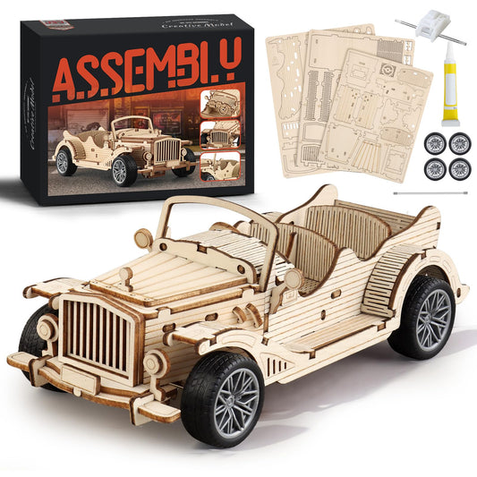 MOCBURIKU 3D Wooden Puzzles Vintage Car Model for Adults, 65pcs Pull Back Toys Car Building Kits for Adults to Build, Desk Decor/DIY Hobbies/Gifts for Boys and Men (Vintage Car)