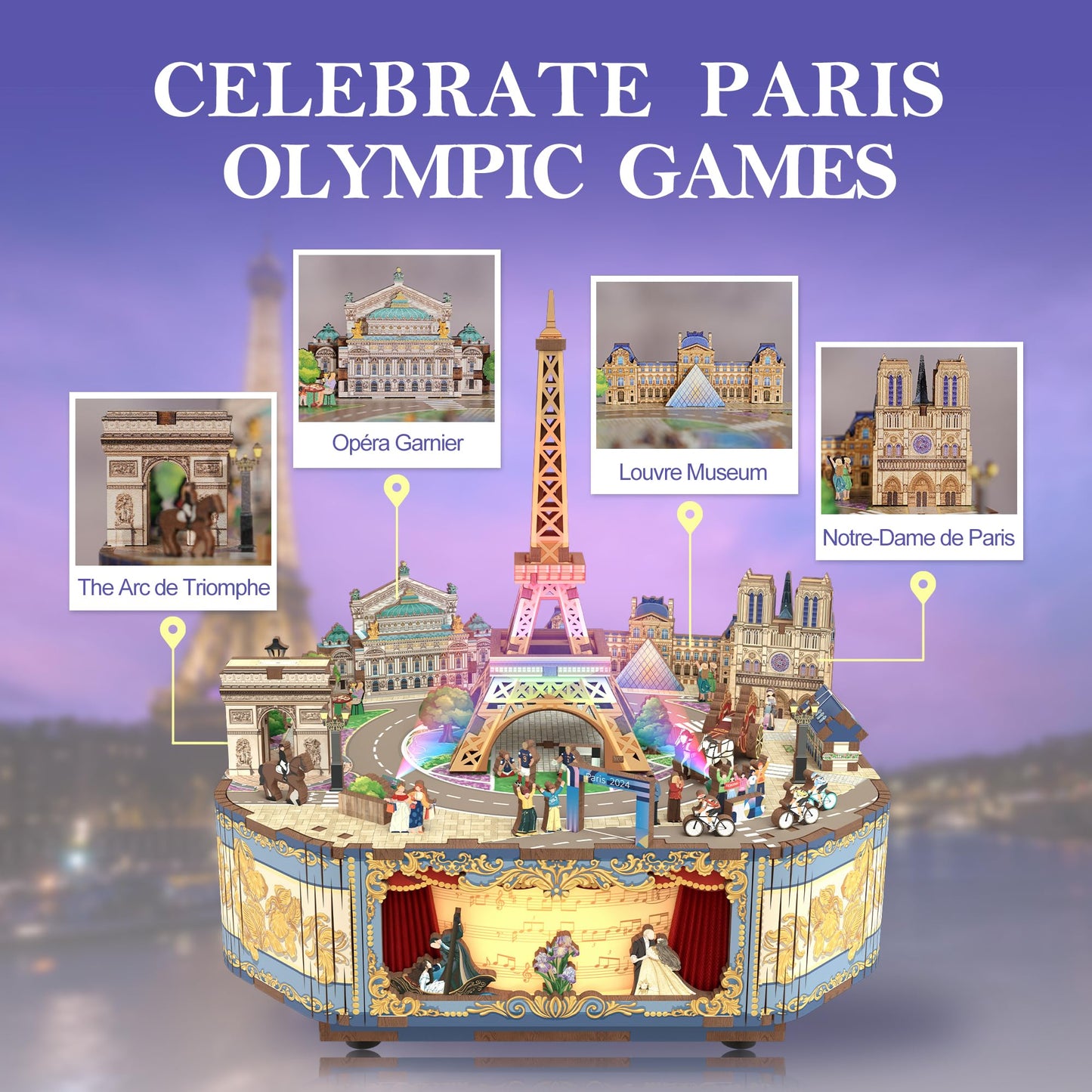 Tonecheer Wooden Music Box Puzzle for Adults, DIY Rotating Music Box Kit 3D Creative Musical Puzzle Crafts Model Building Kits Desk Decor Birthday (Romantic Paris)