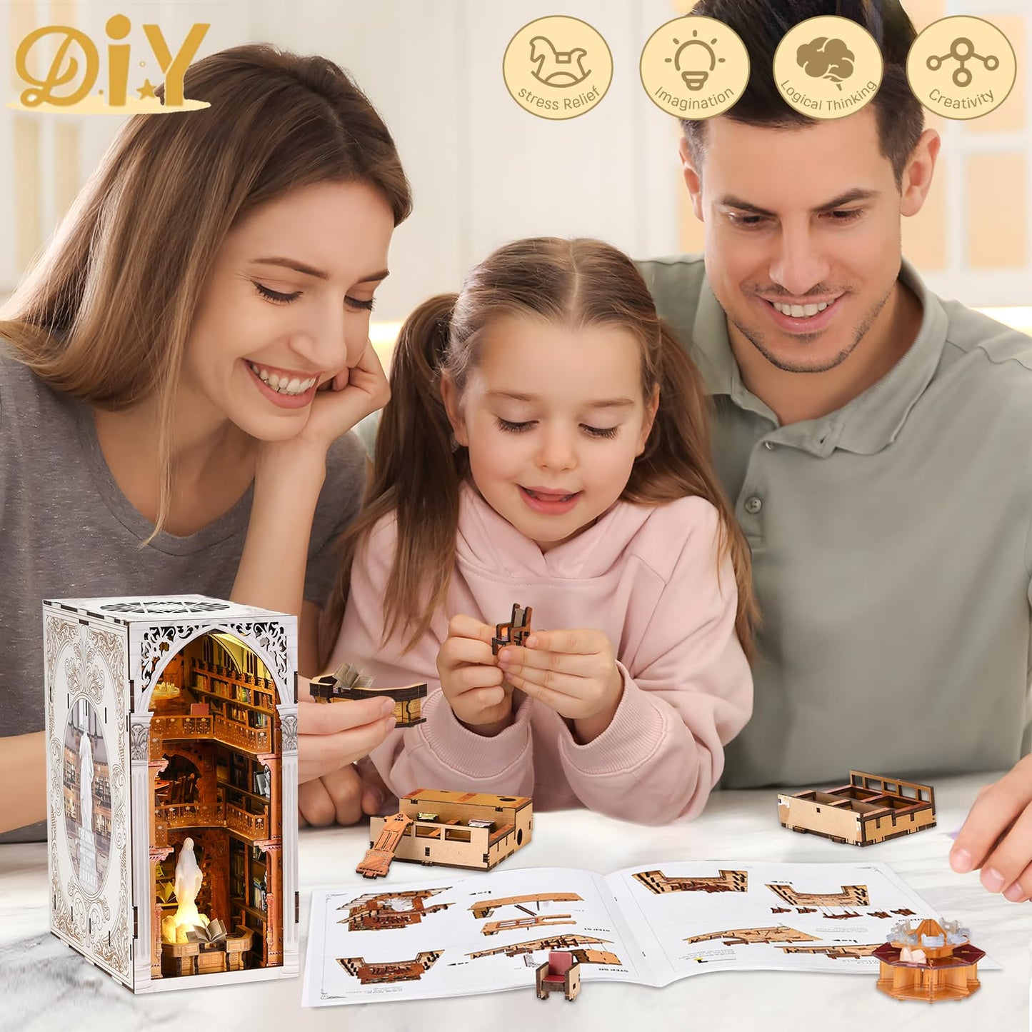 CCCDF Book Nook Kit, DIY Miniature House Kit 3D Wooden Puzzle for Adults Booknook Kit with Dust Cover Book Decor Bookshelf Decoration Decorative Bookends Women Craft Gifts for Teens (Public Library)