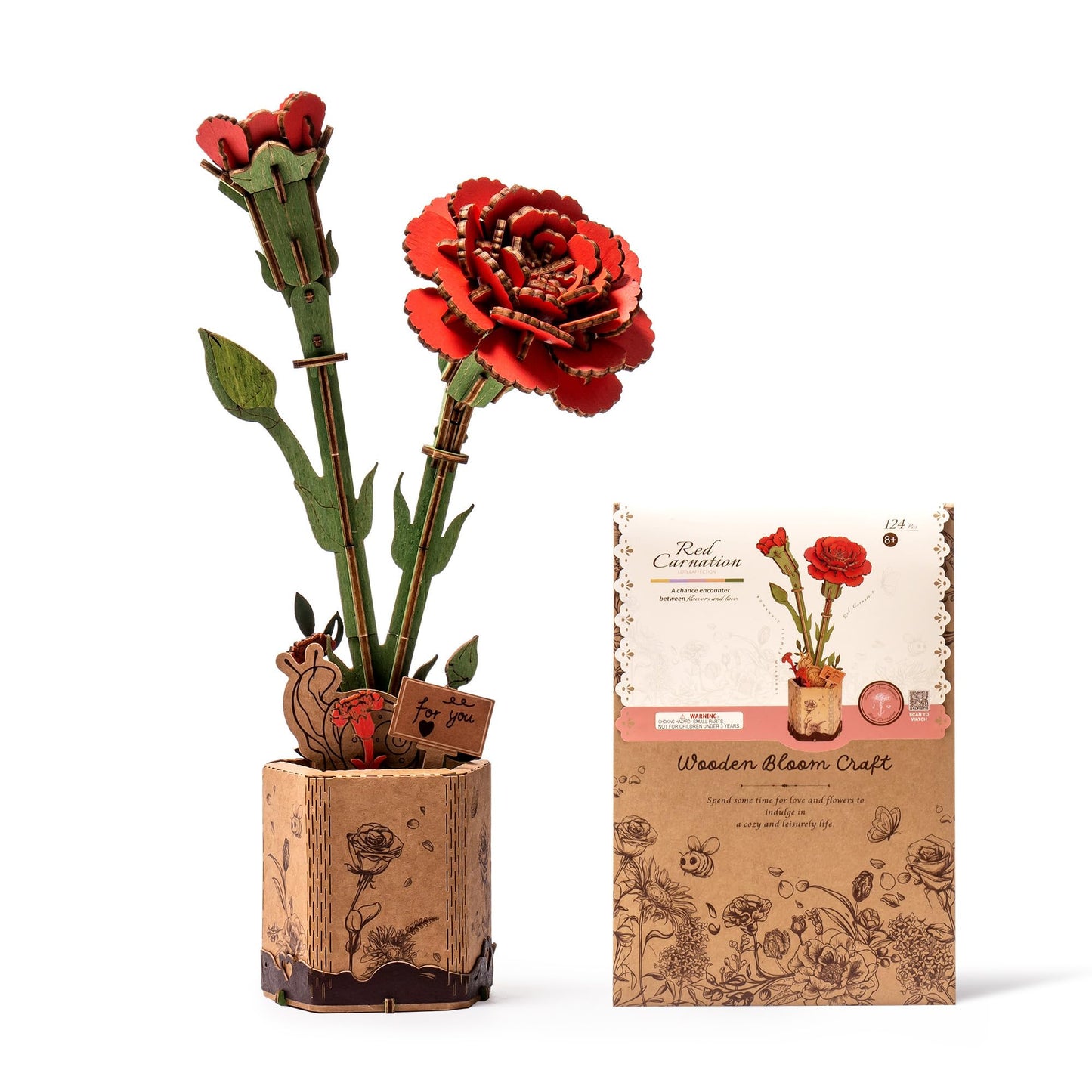 ROBOTIME 3D Wooden Flower Puzzle, Red Carnation DIY Craft Kit for Adults. Artificial Flower Decor for Table, Centerpiece, Home, Unique Gift for Mom, Wife, Women