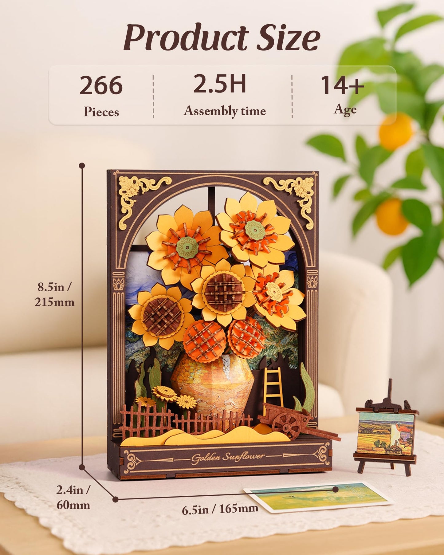Wowood 3D Wooden Puzzles for Adults - Van Gogh Golden Sunflower DIY Model Building Kits with LED Light - Home Decor, Wall Art & Unique Creative Gifts for Art Lovers