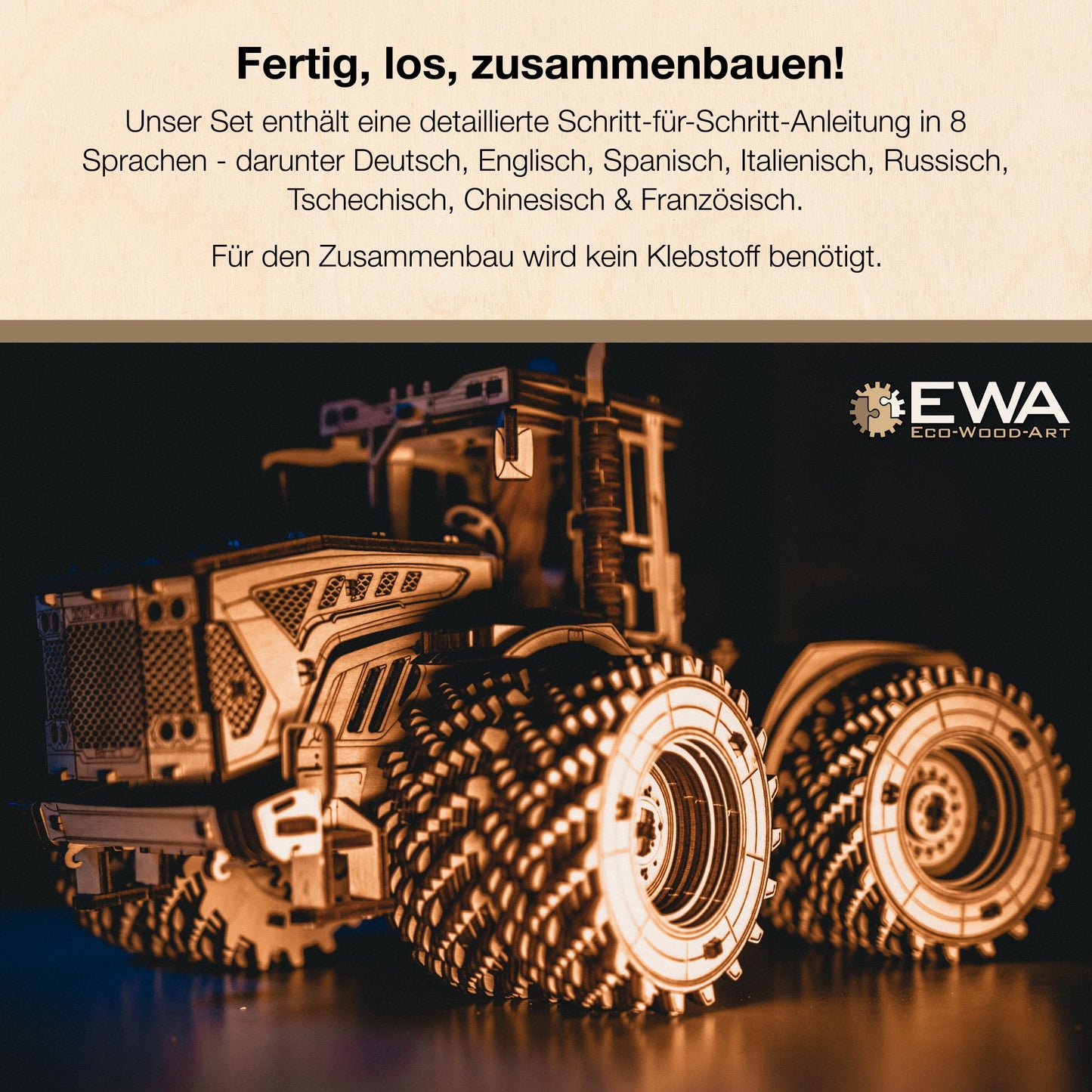 EWA Eco-Wood-Art - KIROVETS K-7M Three-Dimensional Mechanical Tractor-Puzzle for Adults and Teenagers-Collection Without Glue-596 Details, Colour Nature