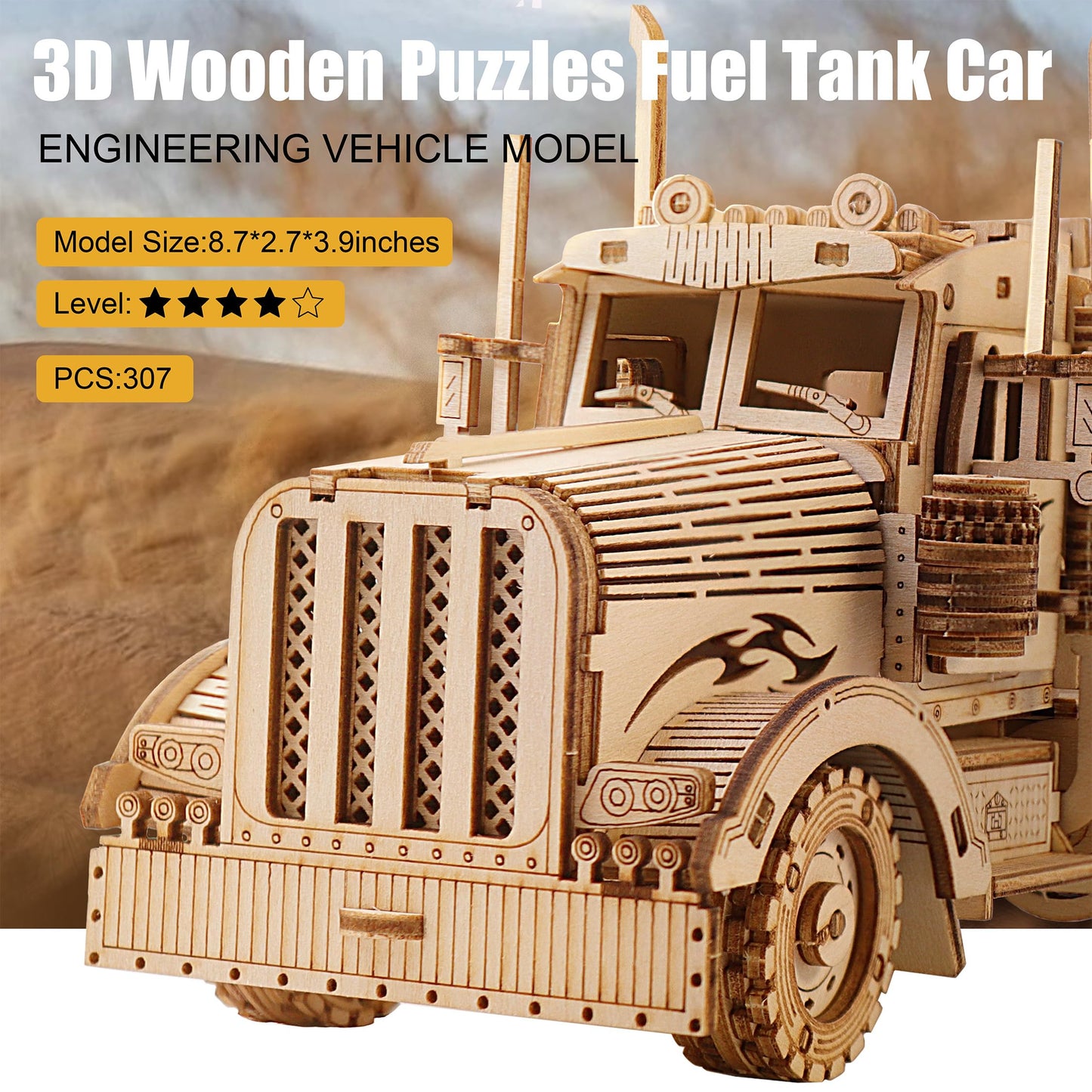 KWASVLYA Truck Model,3D Wooden Puzzles for Adults and Teens, Challenging 3D Puzzle Car,307PCS, Brainteasers and Wooden Models for Christmas/Birthday（Fuel Truck Model）