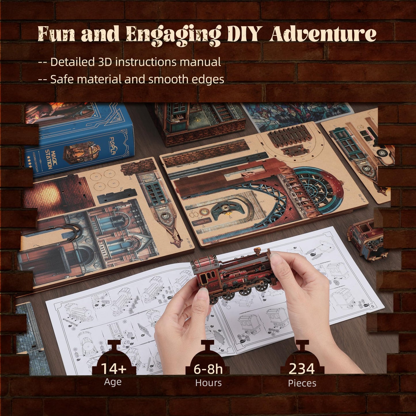 FUNPOLA LED 3D Puzzle Magic Station Book Nook Kit - Interactive 3D Wood Puzzle LED Magical Miniature with Infinite Extension Space - DIY Bookshelf Insert Decor Gifts