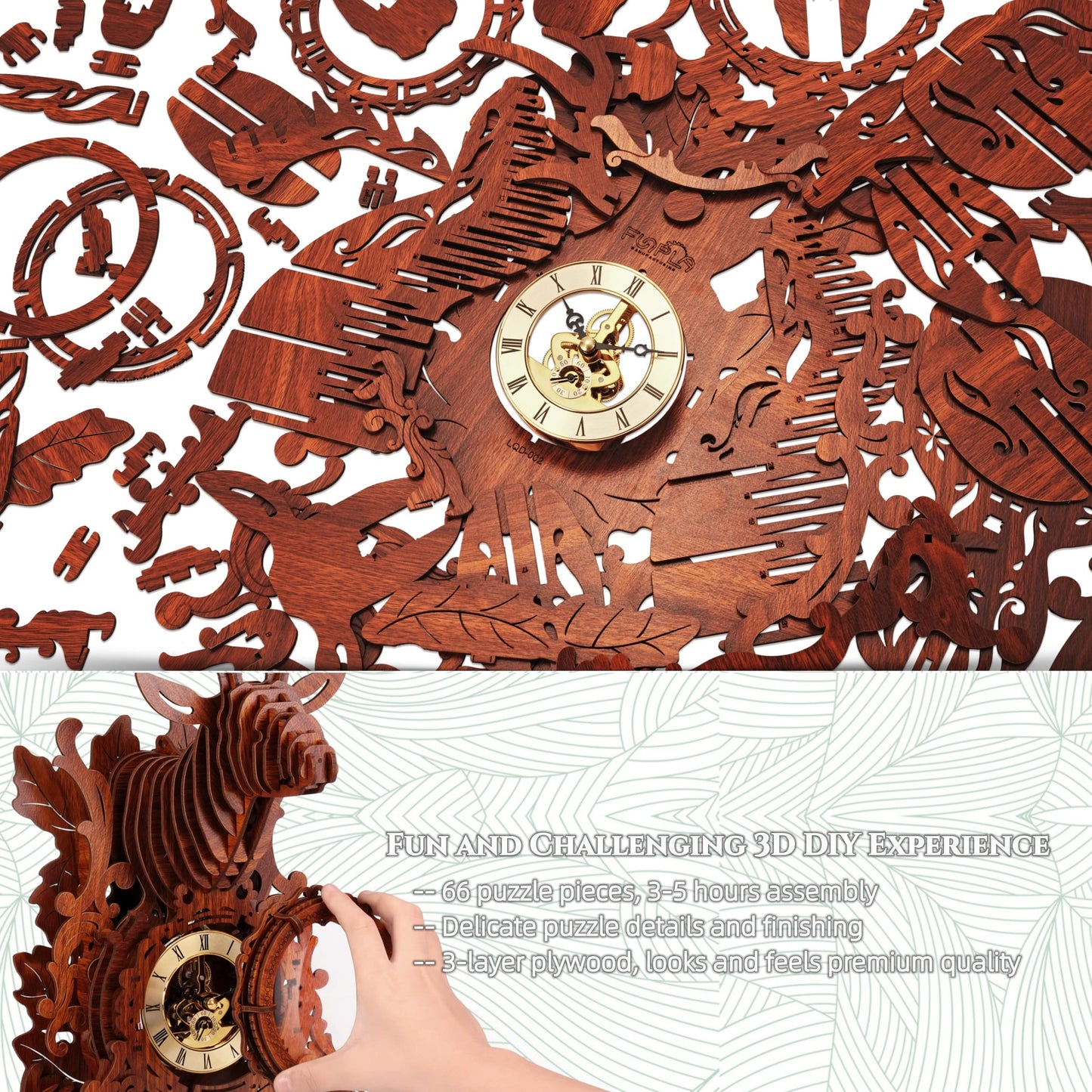 FUNPOLA LED 3D Wood Puzzle Deer Clock, 3D Wooden Puzzle Elk Clock Building Model, Home Décor 3D Wooden Puzzle for Adults/Teens Christmas Gift(Wood, Yellow Light)