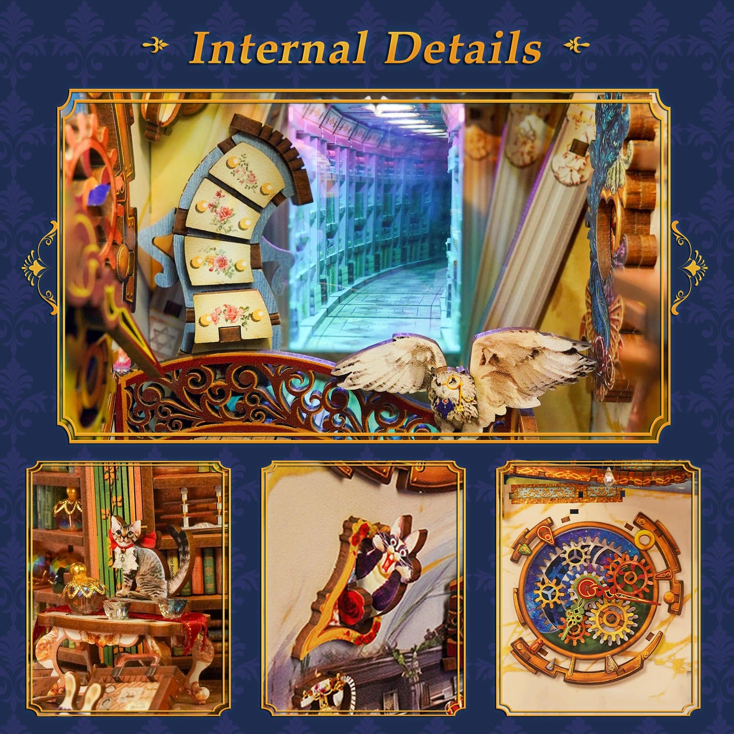 Tonecheer DIY Book Nook Kit for Adults, 3D Wooden Puzzle Bookend Miniature House Kit, Booknook Bookshelf Insert Decor with Dust Cover and LED Lights Gifts (Magical Library)