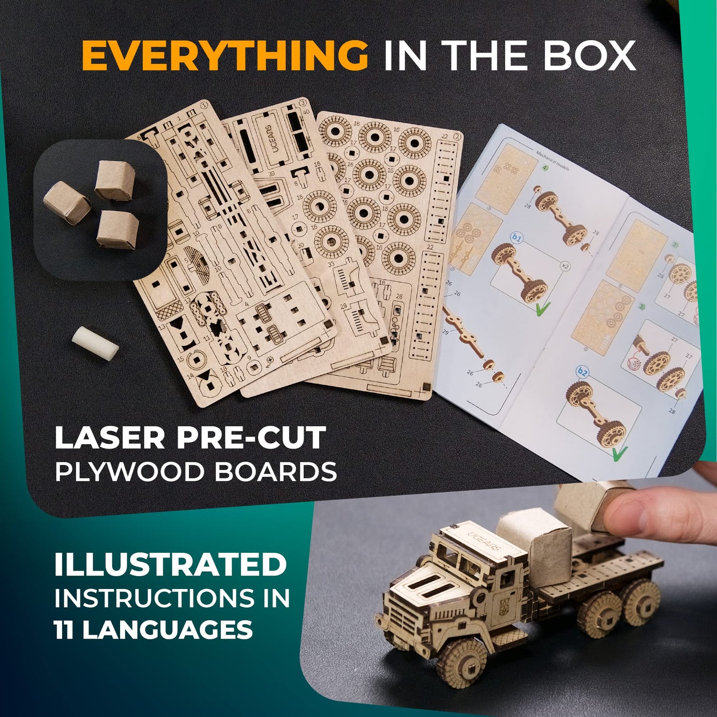 UGEARS Military Truck 3D Puzzle - Wooden Model Kit for Adults to Build - Mechanical Model Truck Car Making Kit - 3D Jigsaw Puzzle Wood Off-Road Car - DIY Brain Teaser Puzzle Construction Set