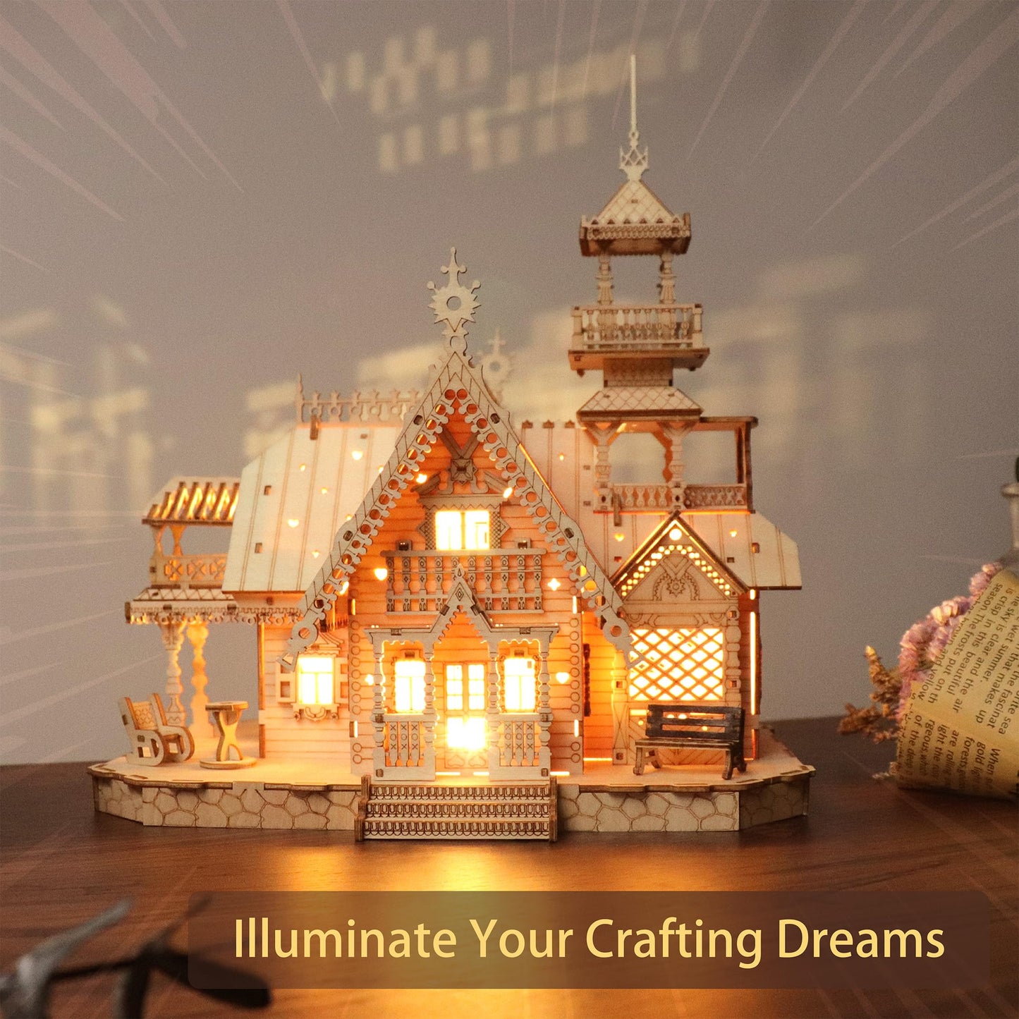 KWASVLYA Vintage Villa 3D Wooden Puzzle,Building Kits for Adults and Teens,Educational Brain Teaser Assembly Model with LED Lights,Skill Building and Creative Fun