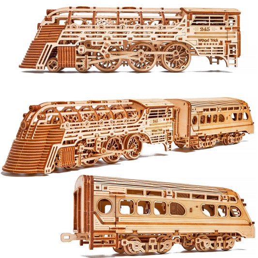 Wood Trick Atlantic Express Train 3D Wooden Puzzles for Adults to Build - 26.7x4 in - Rides up to 9 ft - Mechanical Locomotive Model Kit for Adults