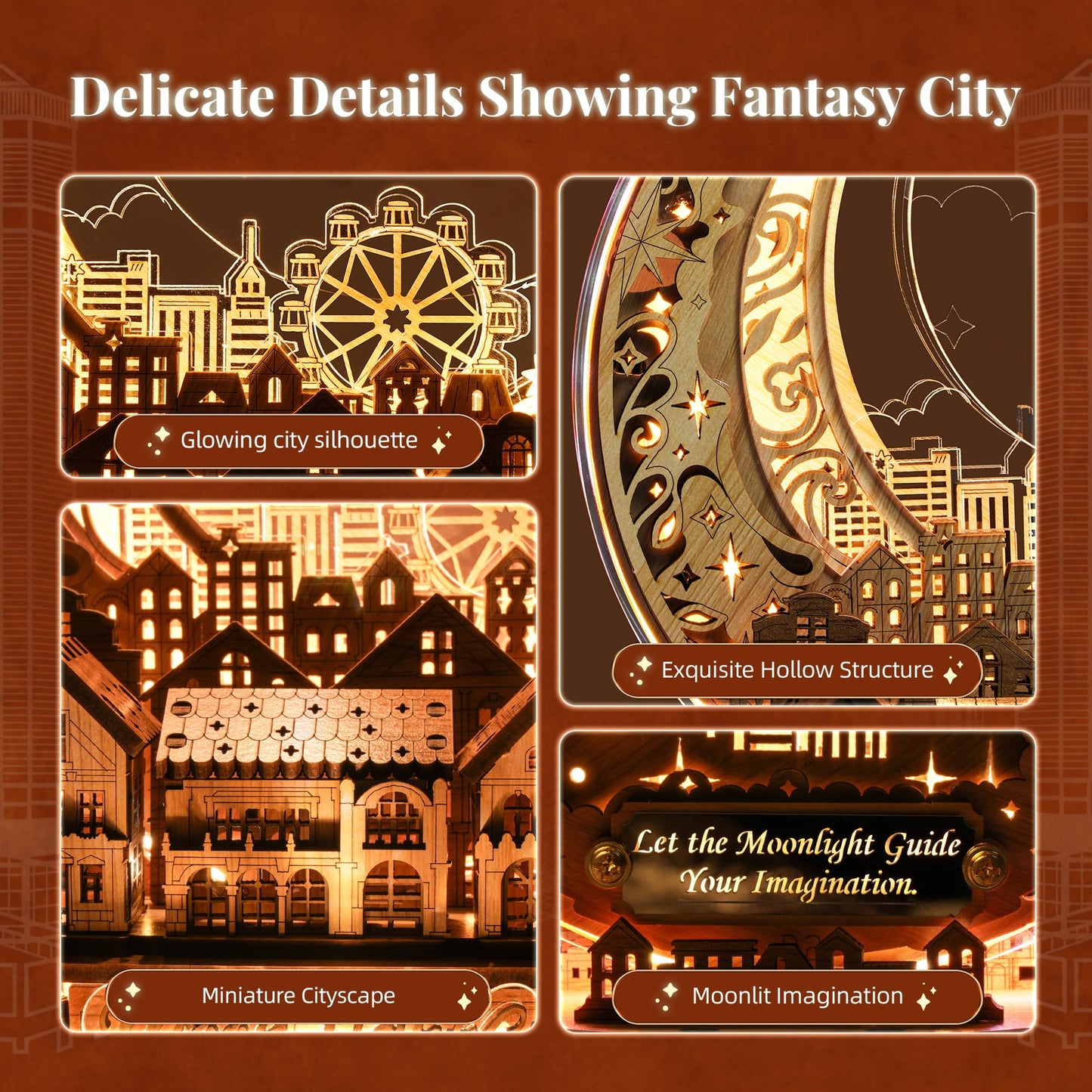 FUNPOLA 3D DIY Puzzle Moon City Model - LED 3D Wood Puzzle - 3D Wooden Puzzles for Adults Home Décor Gifts for Kids and Adults, White