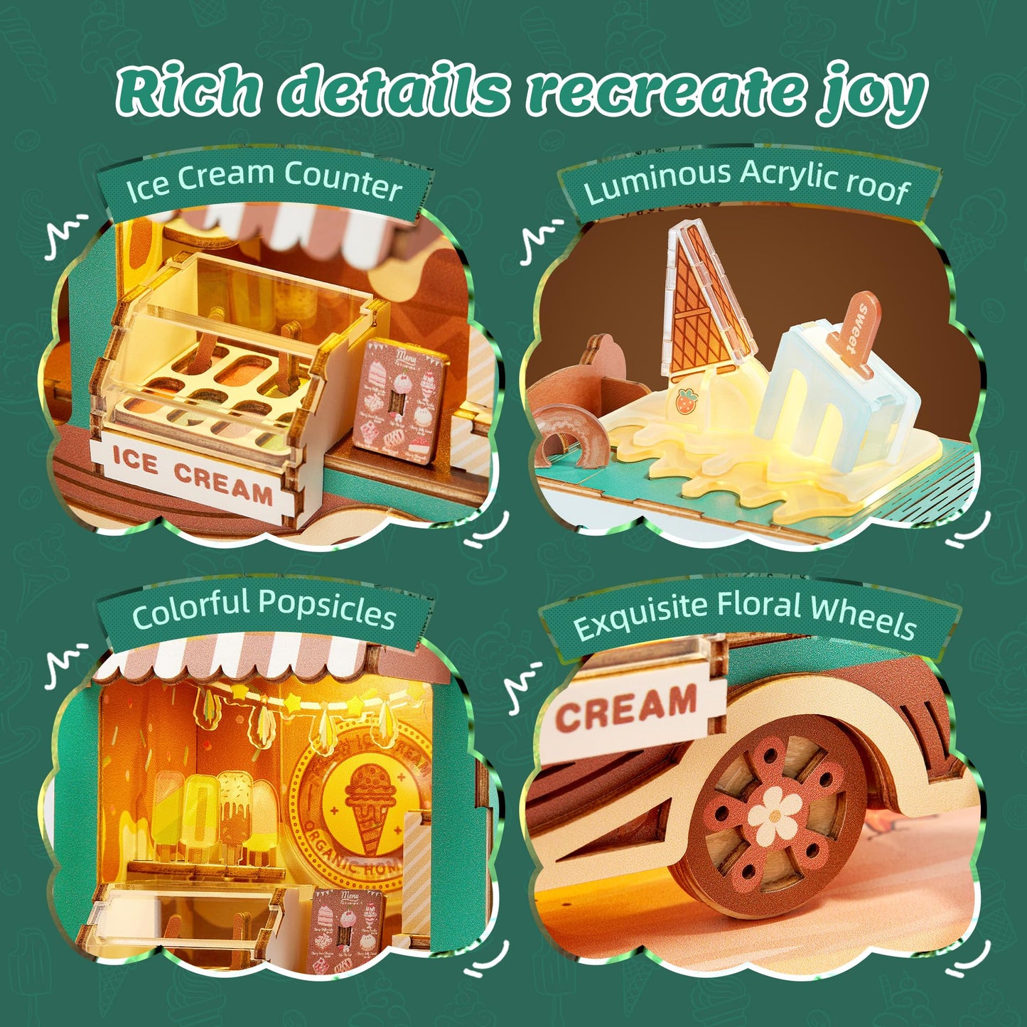 FUNPOLA 3D Wood Puzzle Ice Cream Truck Model - DIY Miniature Food Truck Dollhouse Vehicle Craft Kit with LED Lights - Perfect Creative Gift for Kids and Adults (Ice Cream Truck)