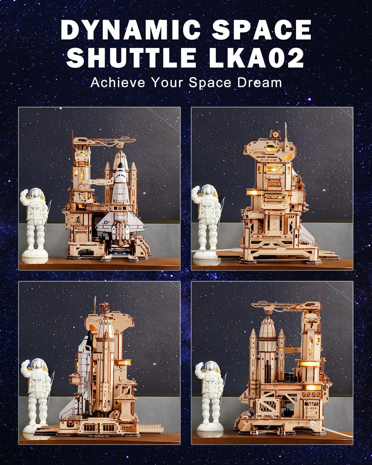 ROKR 3D Puzzles for Adults Space Shuttle, Interactive DIY Building Model with Lighting, Airplane Wooden Puzzles, Desk Decor, Engineering Gifts for Adults Men Teens 14+, STEM Project