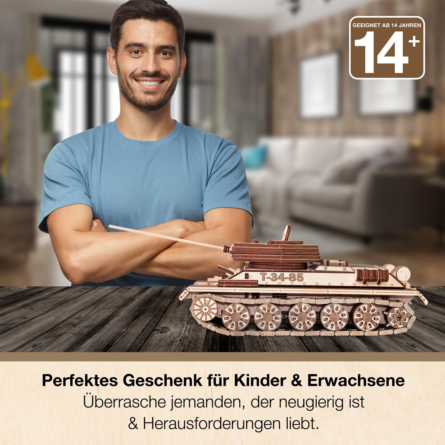 3D Wooden Puzzles for Adults - DIY T-34-85 Tank 3D Puzzle Model Kit with Rubber Band Engine, Rolling Wheels & Rotating Cannon - 3D Wooden Puzzle for 15 yrs Above & Adults - Eco Wood Art, 965 Pieces