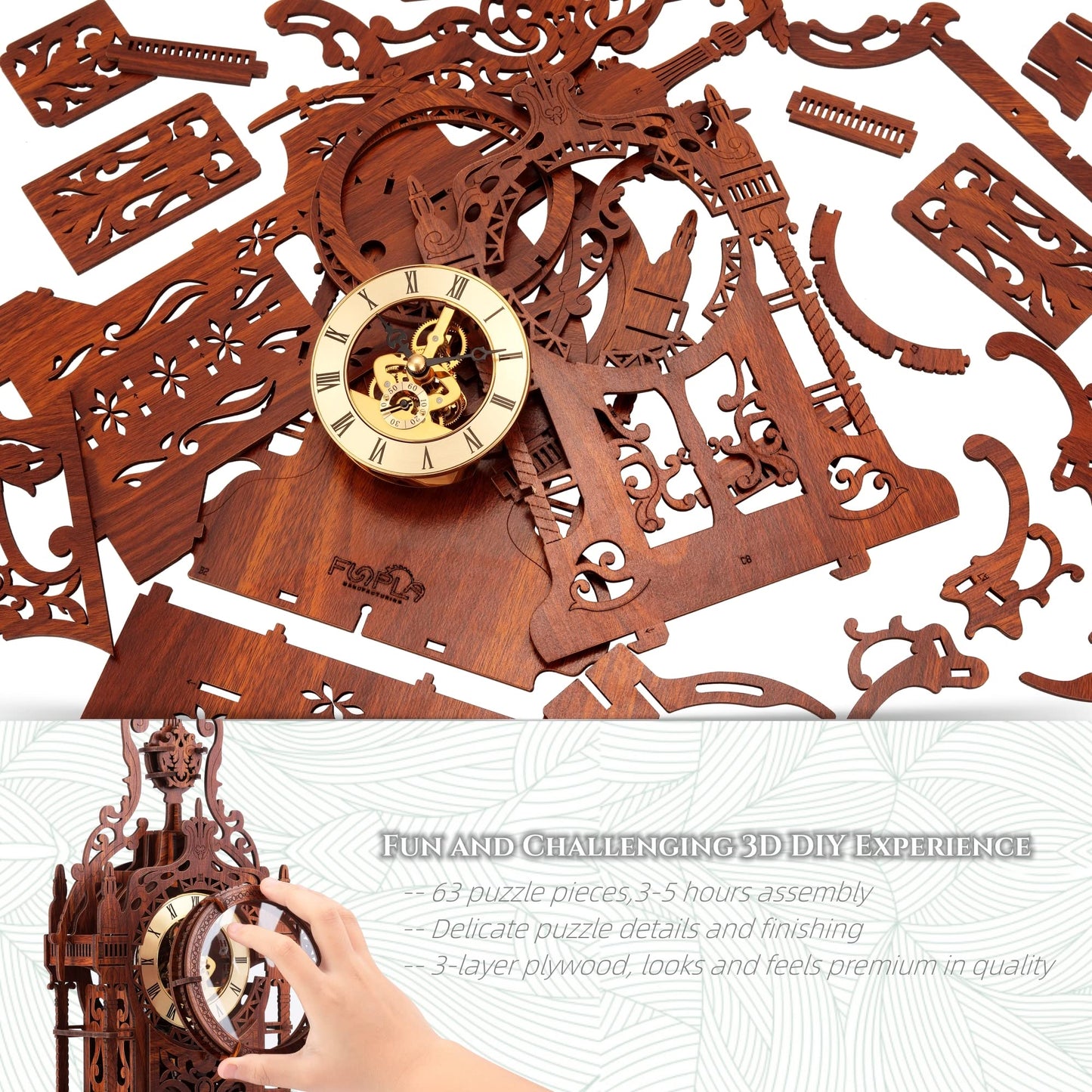 FUNPOLA LED 3D Wood Puzzle Clock Tower, 3D Building Model, DIY 3D Clock Kit (LED-WTC02)