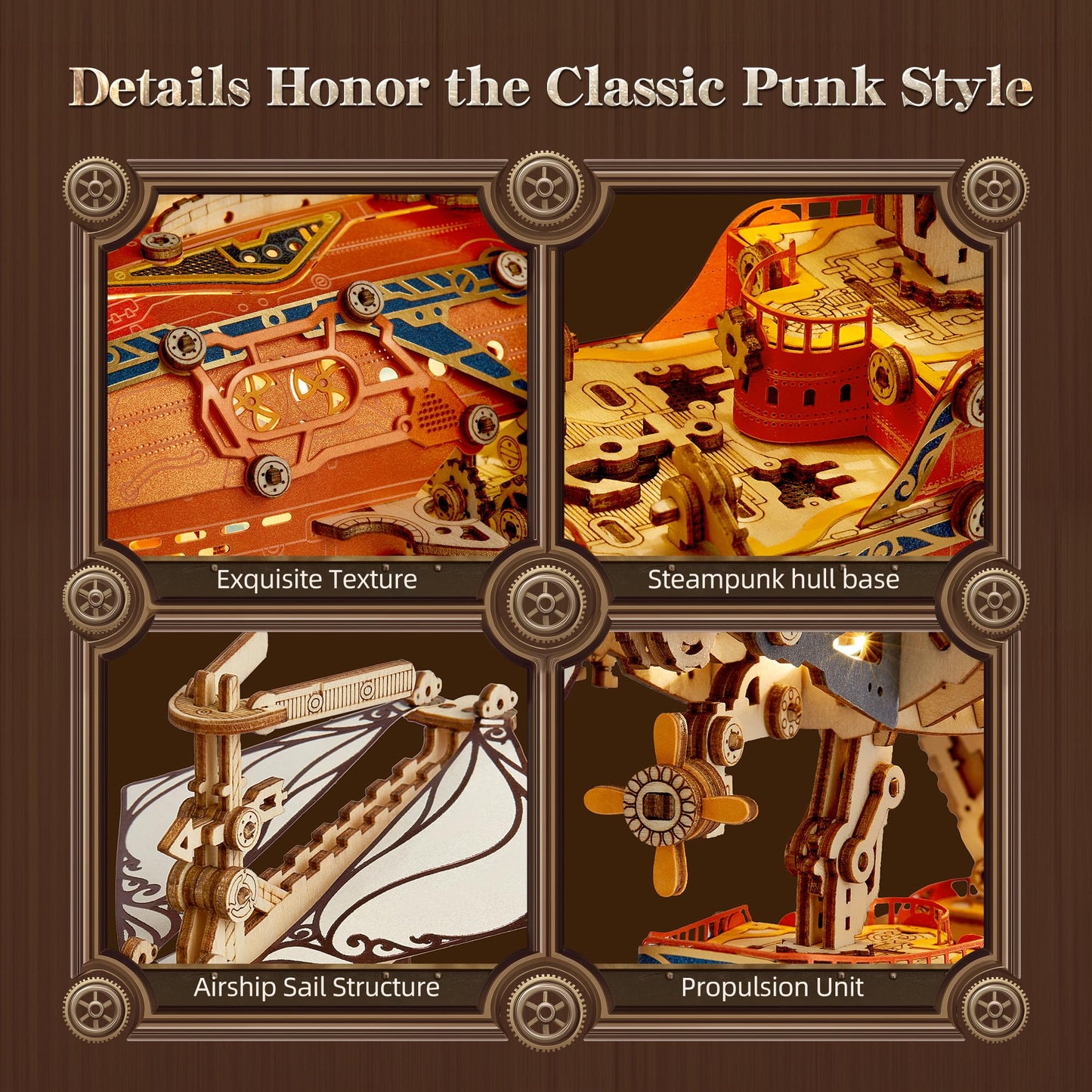 FUNPOLA LED 3D Wood Puzzle Fantasy Airship Model - Steampunk DIY Craft Kit with LED Lights – Intricate Wooden Airship Model Building Set for Teens and Adults(Orange)