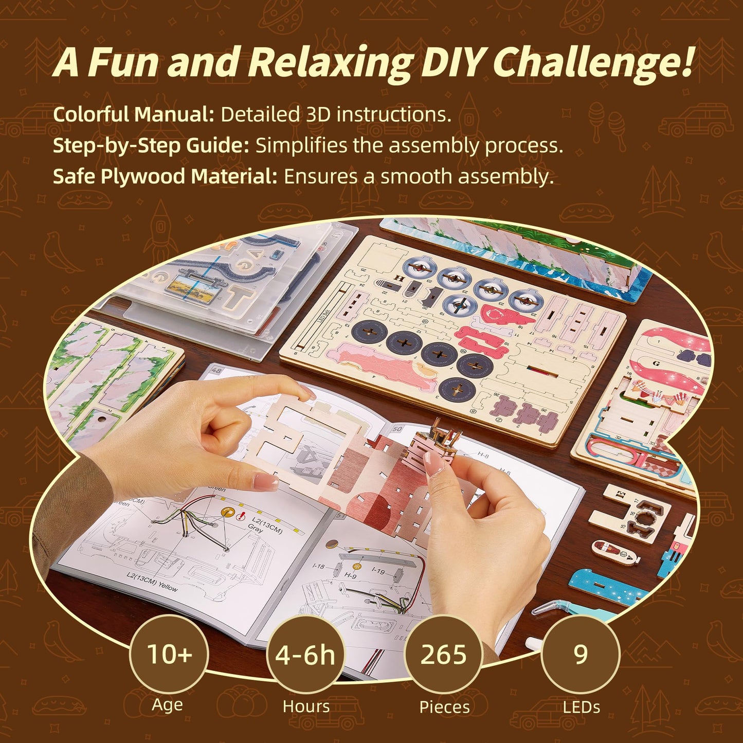 FUNPOLA 3D Wood Puzzle Travel Truck Model - DIY Miniature Adventure Truck Kit with LED Lights - Creative Gift for Kids and Adults (Camper Truck)