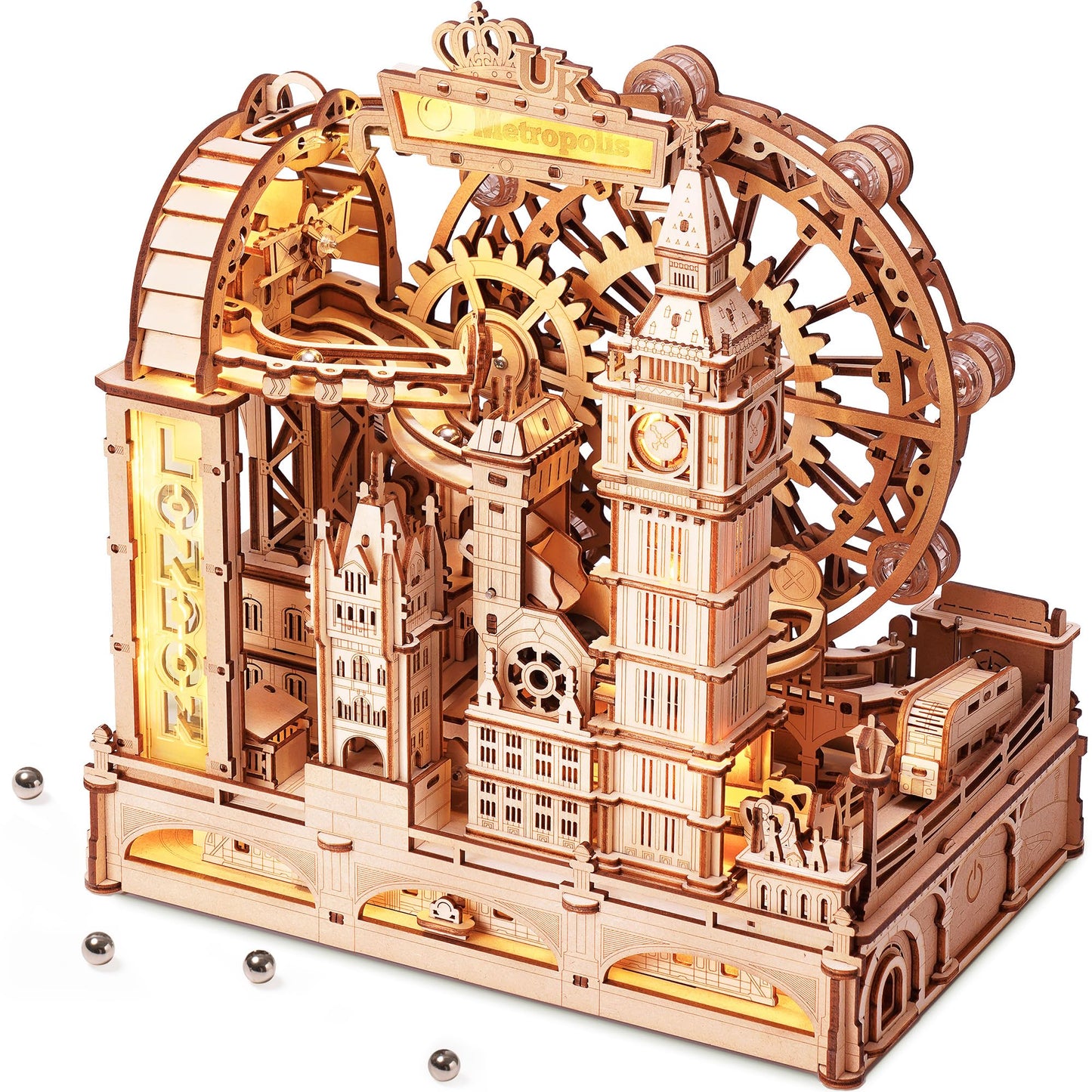 ROKR Marble Travel London, 3D Wooden Puzzles for Adults, Marble Run Kit Adults to Build, 3D Wooden Puzzle with LED, Unique Gift for Men Women