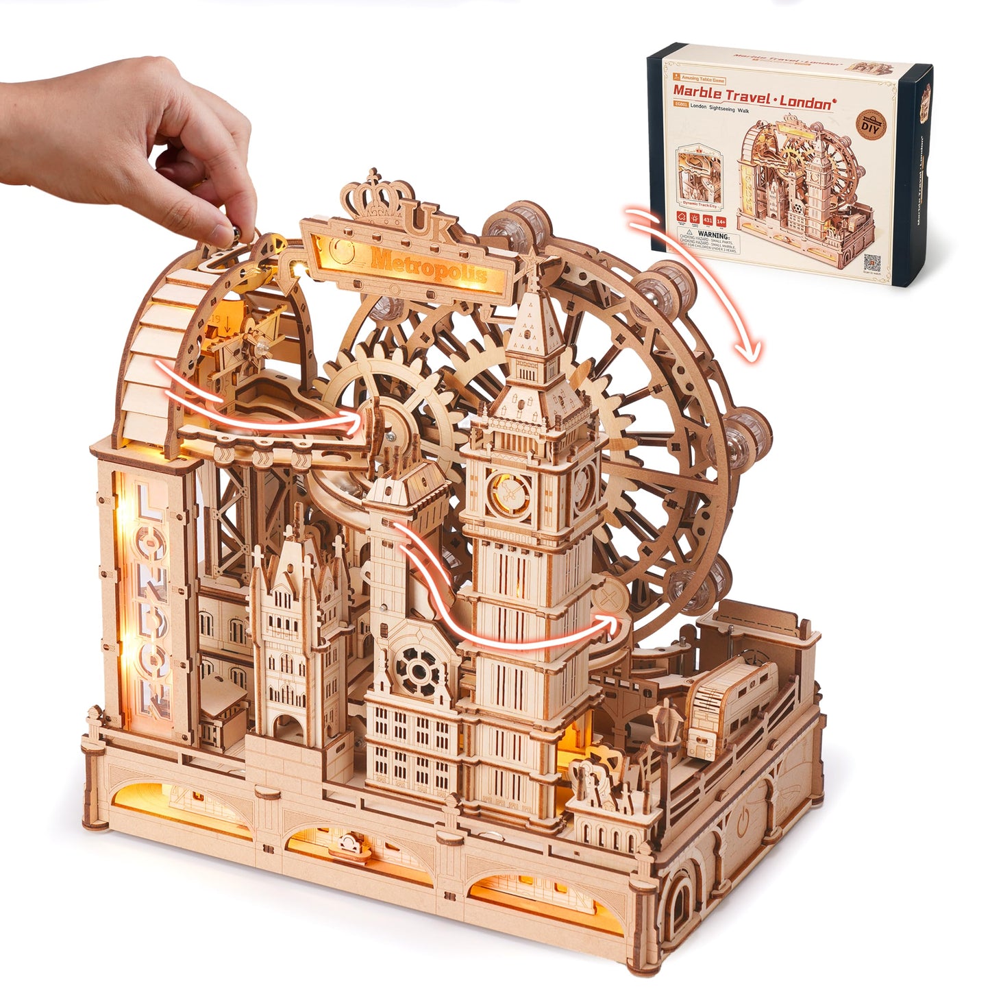 ROBOTIME Wooden Town Marble Run - 3D Wooden Puzzles for Adults EGB01 Night City Marble Run Kit - Wooden Puzzle Models for Adults to Build - Space/STEM/Engineering Gift