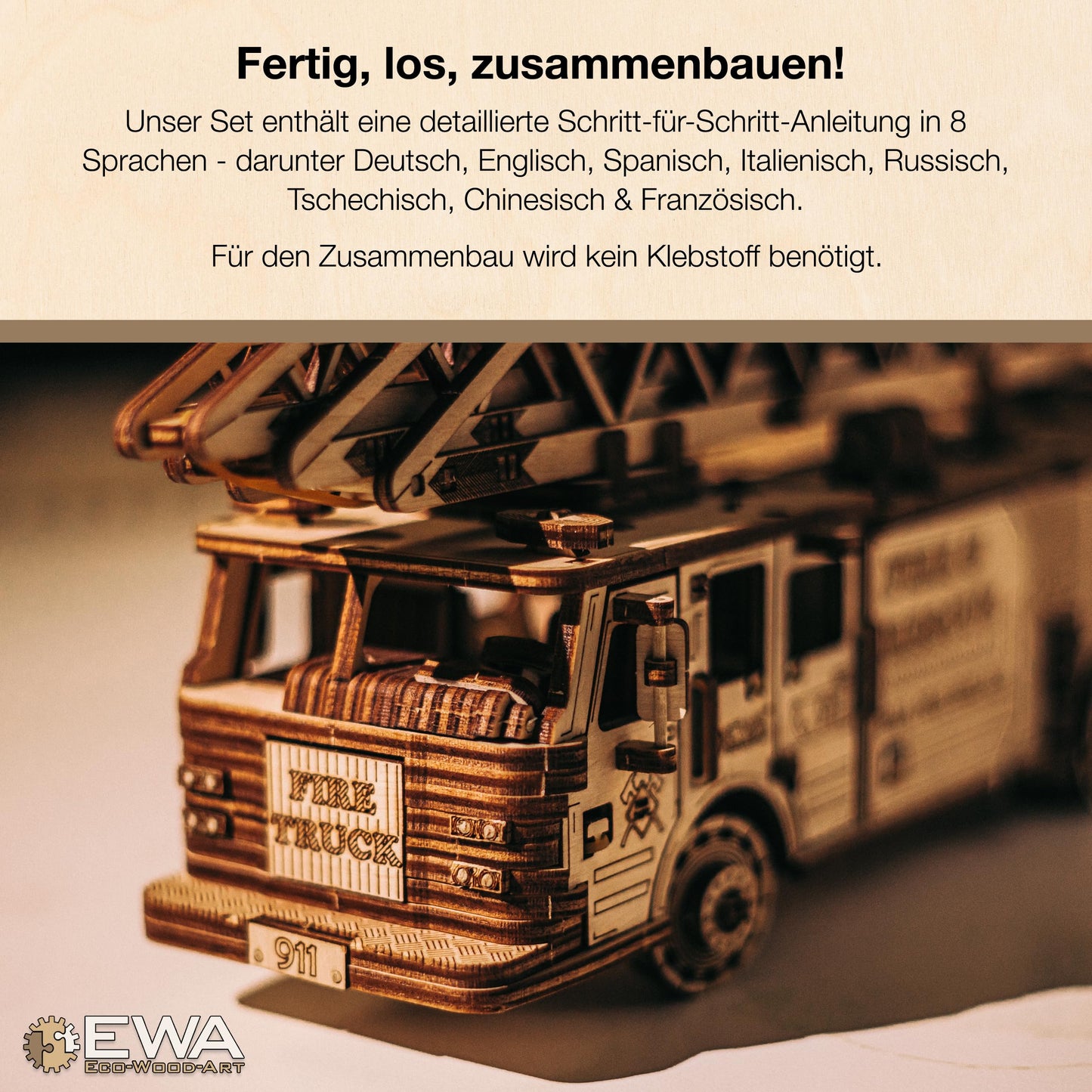 3D Wooden Puzzle - DIY 3D Puzzle Wooden Fire Truck Mechanical Model Kit with Wind Up Mechanism, Adjustable Ladder & More - 3D Puzzles for 15 yrs Above & Adults - Eco Wood Art, 439 Pieces