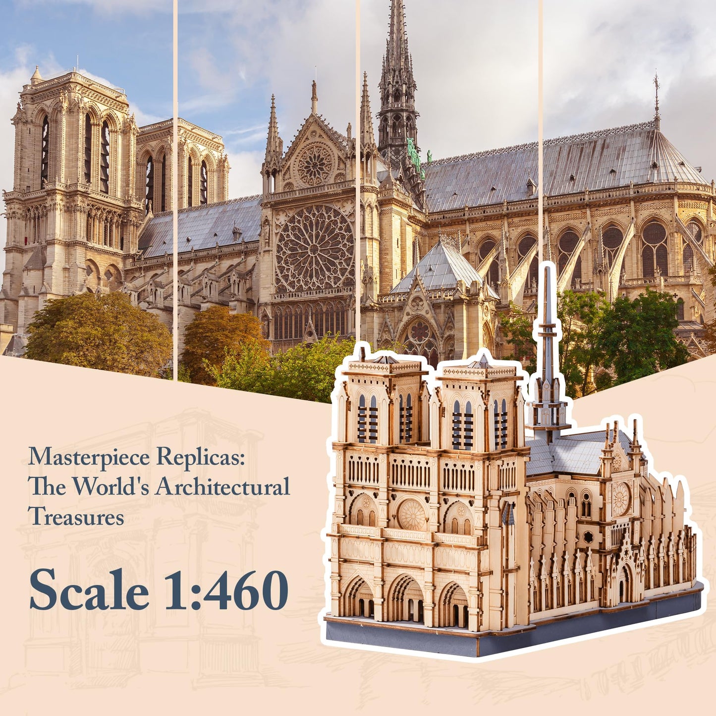 ROBOTIME 3D Wooden Puzzles for Adults, Scale 1: 460 Notre Dame de Paris Building Set, Architecture Wooden Model Kit Creative Gift