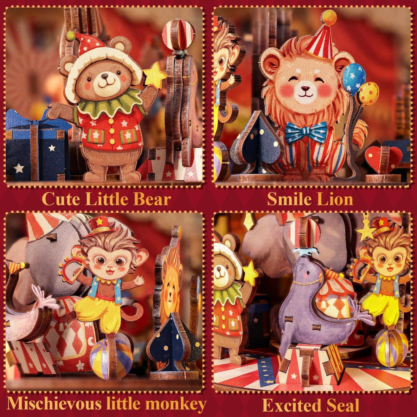 CUTEBEE 3D Puzzles Wooden Theater for Adults - DIY Music Box Rotating Miniature House Kit Model Building Set with LED Light, Home Bookshelf Decor, Unique Birthday Gifts (Animal Carnival)