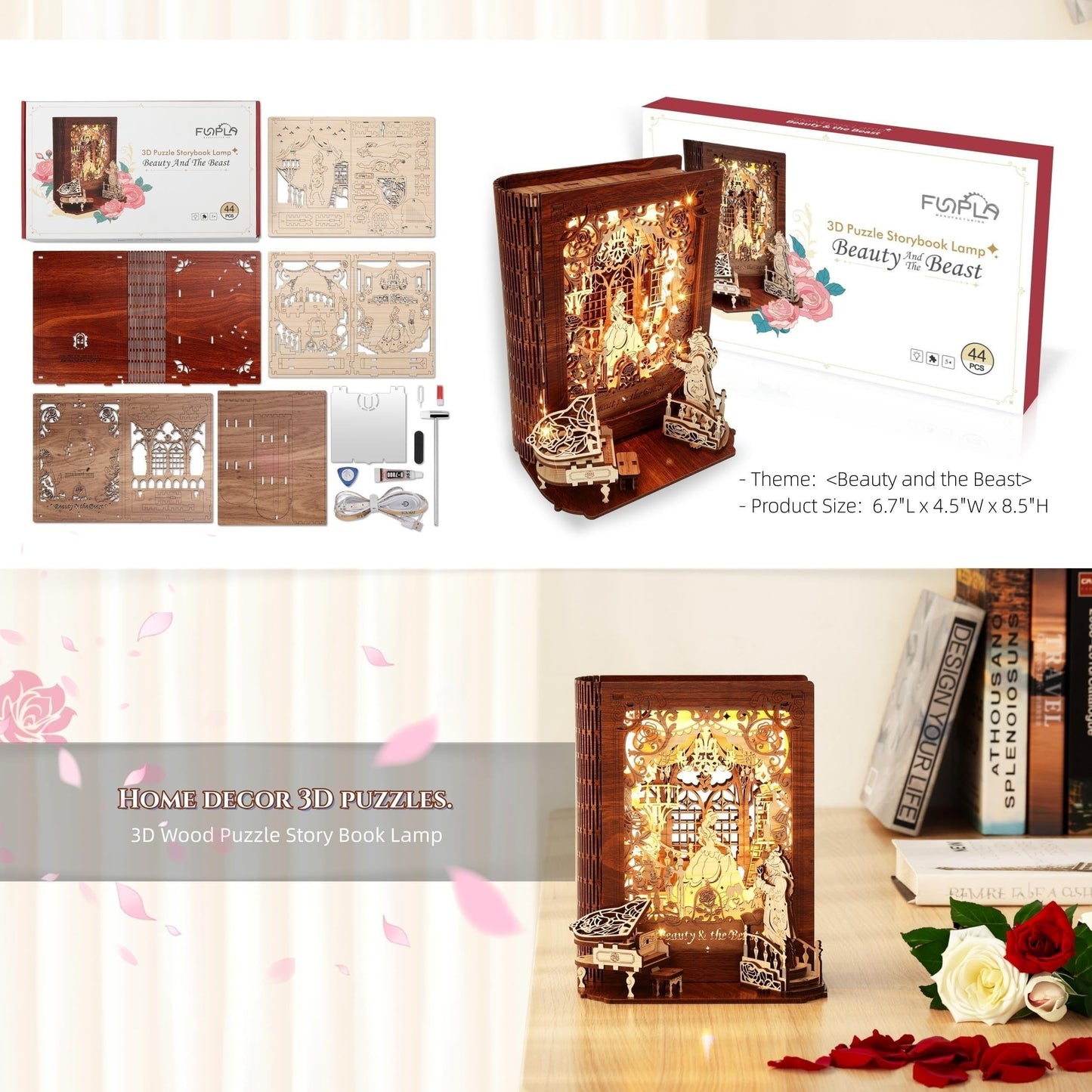 FUNPOLA Beauty and The Beast 3D Puzzle Nightlight – LED 3D Puzzle Gifts – 3D Wood Puzzles Storybook Nightlight Home Décor for Kids and Adults