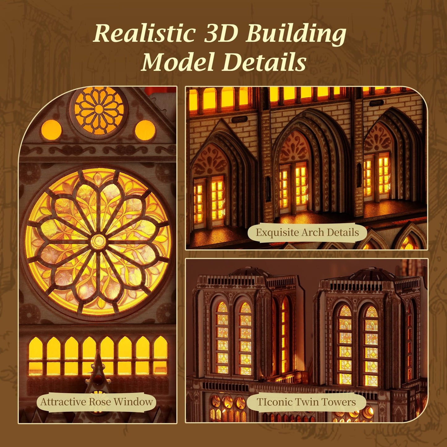 FUNPOLA LED 3D Wood Puzzle - Notre Dame de Paris Architecture Model-Night Edition with LED Lighting- DIY Building Model Craft Kit, Architecture Building Set