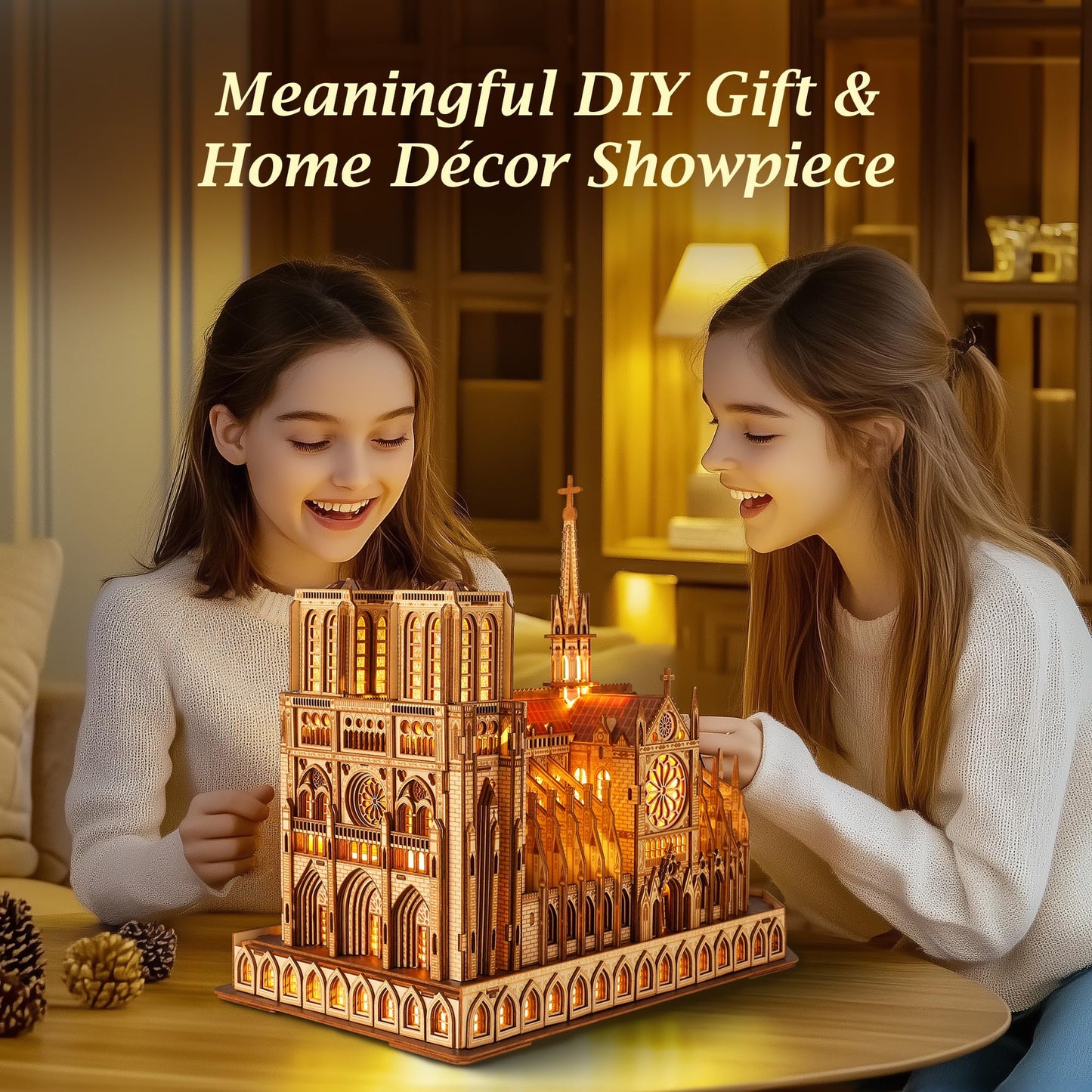 FUNPOLA LED 3D Wood Puzzle - Notre Dame de Paris Architecture Model-Night Edition with LED Lighting- DIY Building Model Craft Kit, Architecture Building Set