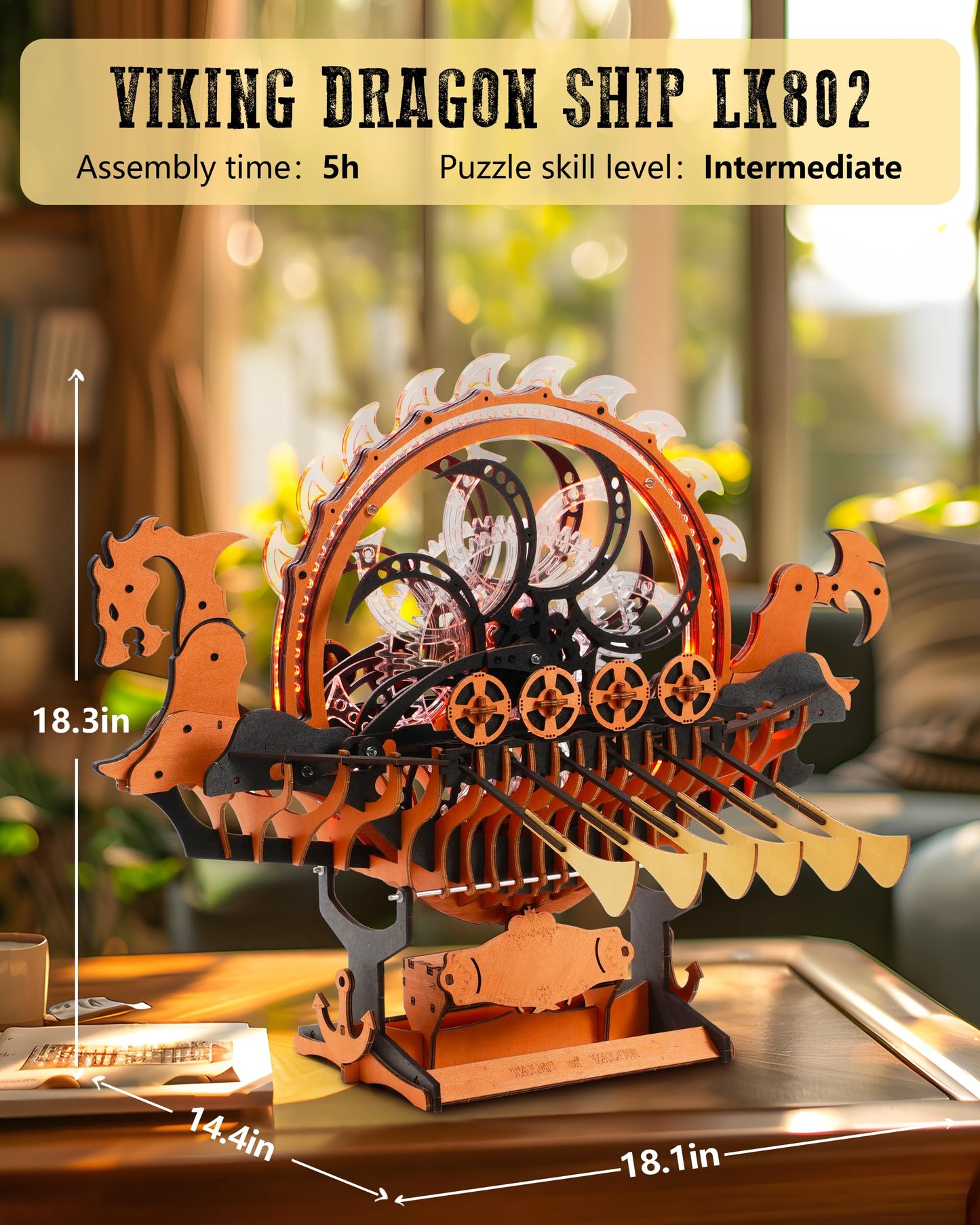 ROBOTIME LK802 Viking Dragon Ship Mechanical Wooden Puzzles, 229 Pieces 3D Puzzles for Adults, Crafts for Adults Hobby Building Kit