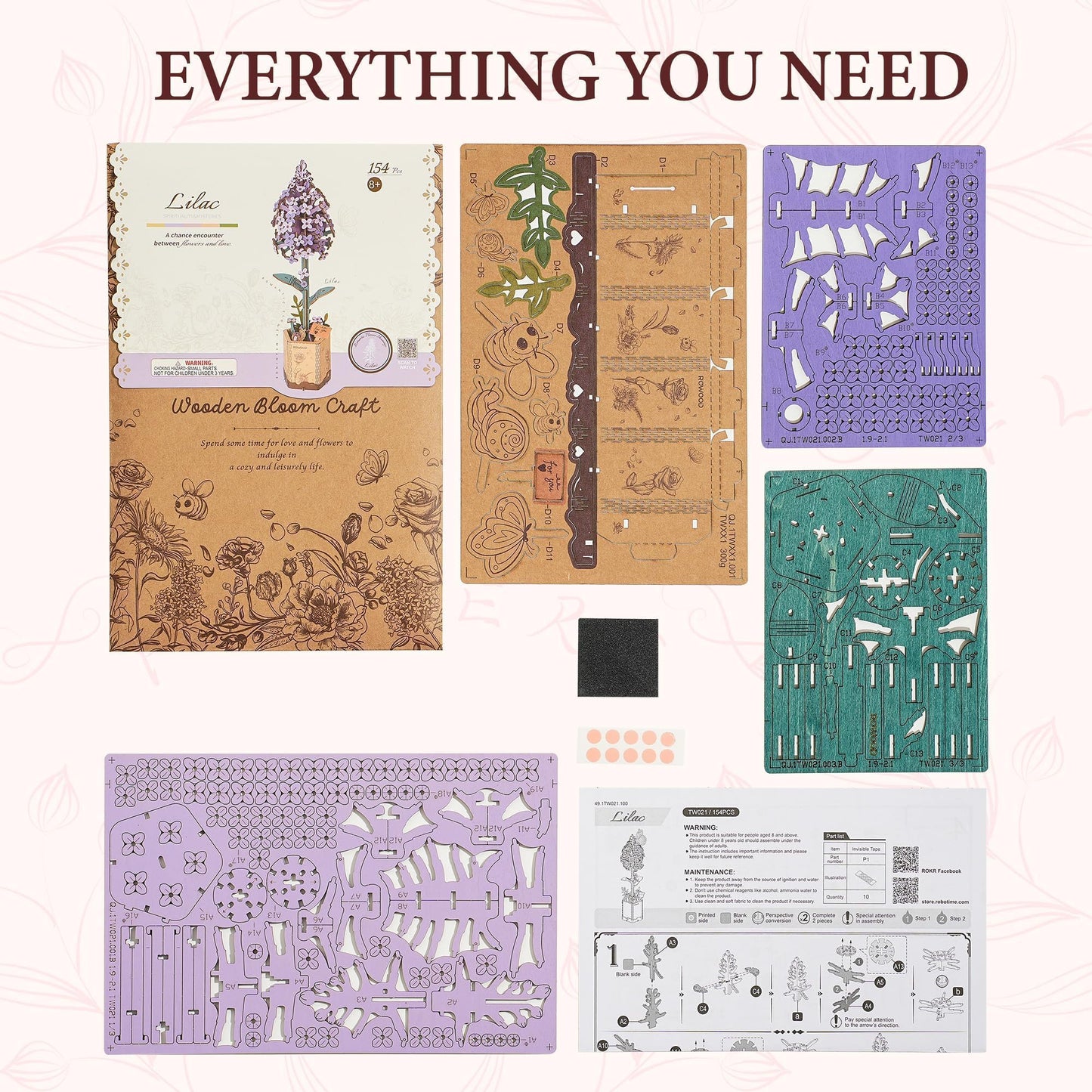 ROBOTIME Wooden Flower 3D Puzzle TW021 Lilac, Purple Gifts Idea, 30-Minute Crafts for Adults & Teens, Artificial Flower Decorations, Birthday/Valentine's Day