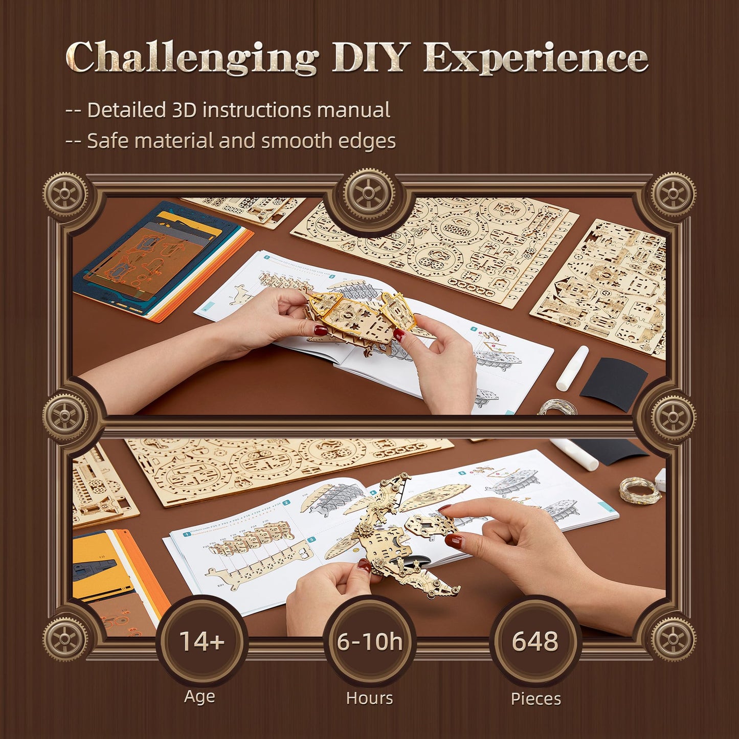 FUNPOLA LED 3D Wood Puzzle Fantasy Airship Model - Steampunk DIY Craft Kit with LED Lights – Intricate Wooden Airship Model Building Set for Teens and Adults(Orange)